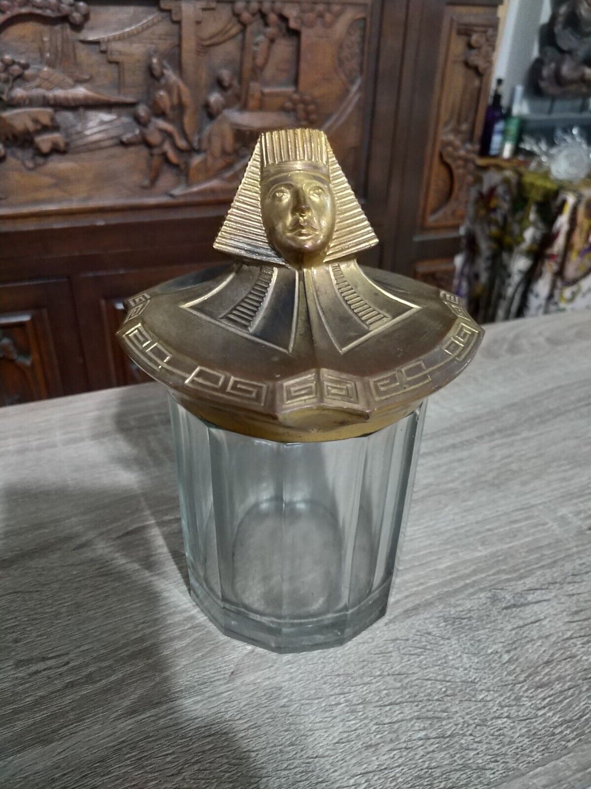 Antique vintage 1920s Egyptian revival humidor. King Tut pharaoh head