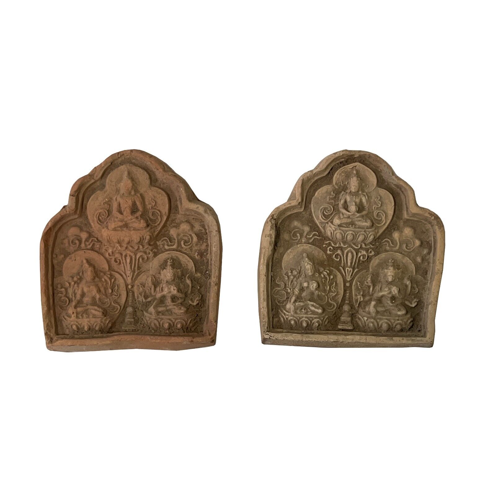 Set of 2 Small Chinese Oriental Clay Buddhas Theme Plaque Display ws2405