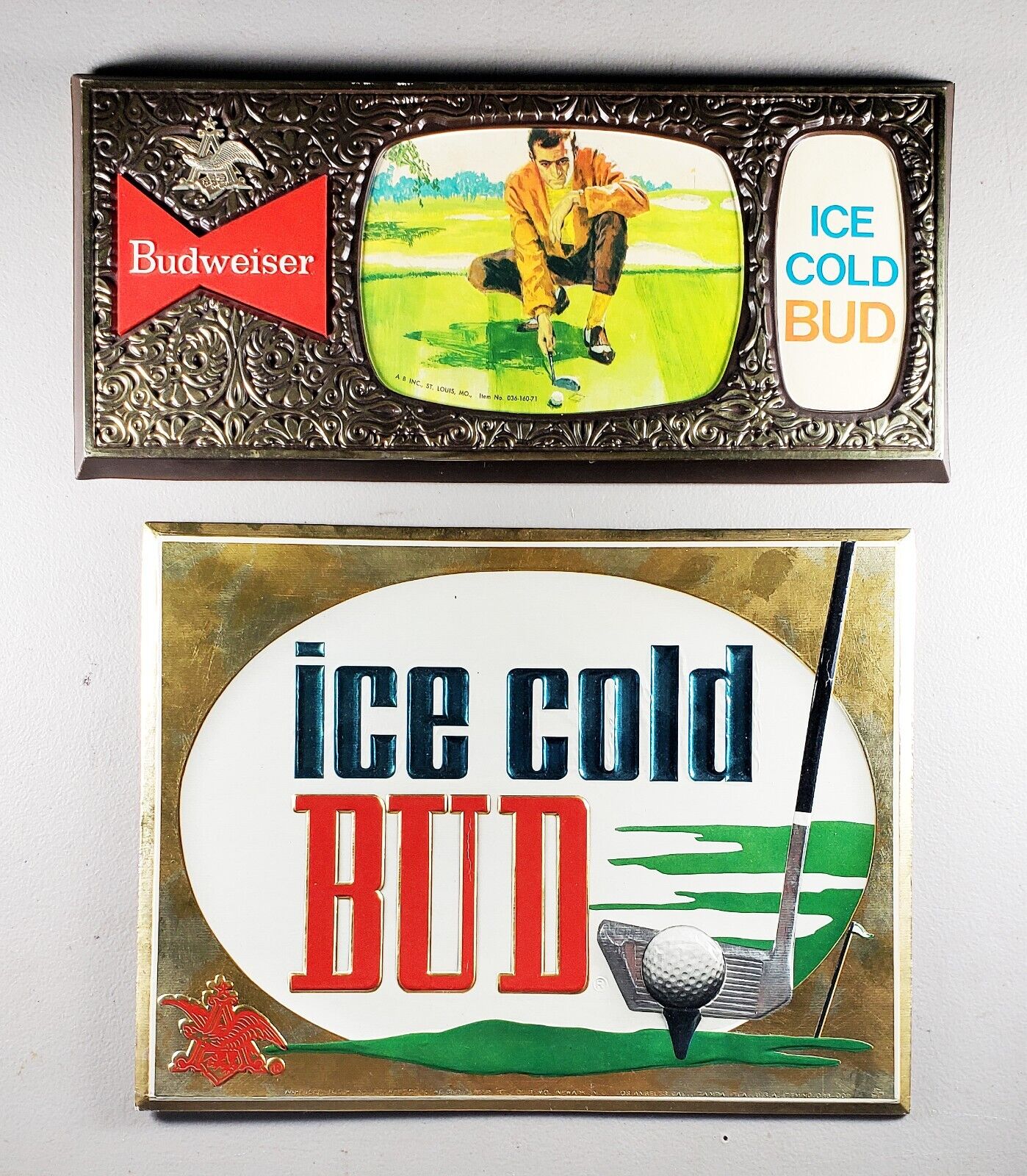 1970\'s golf beer signs - ANHEUSER BUSCH Ice Cold Bud - St Louis, MO Budweiser