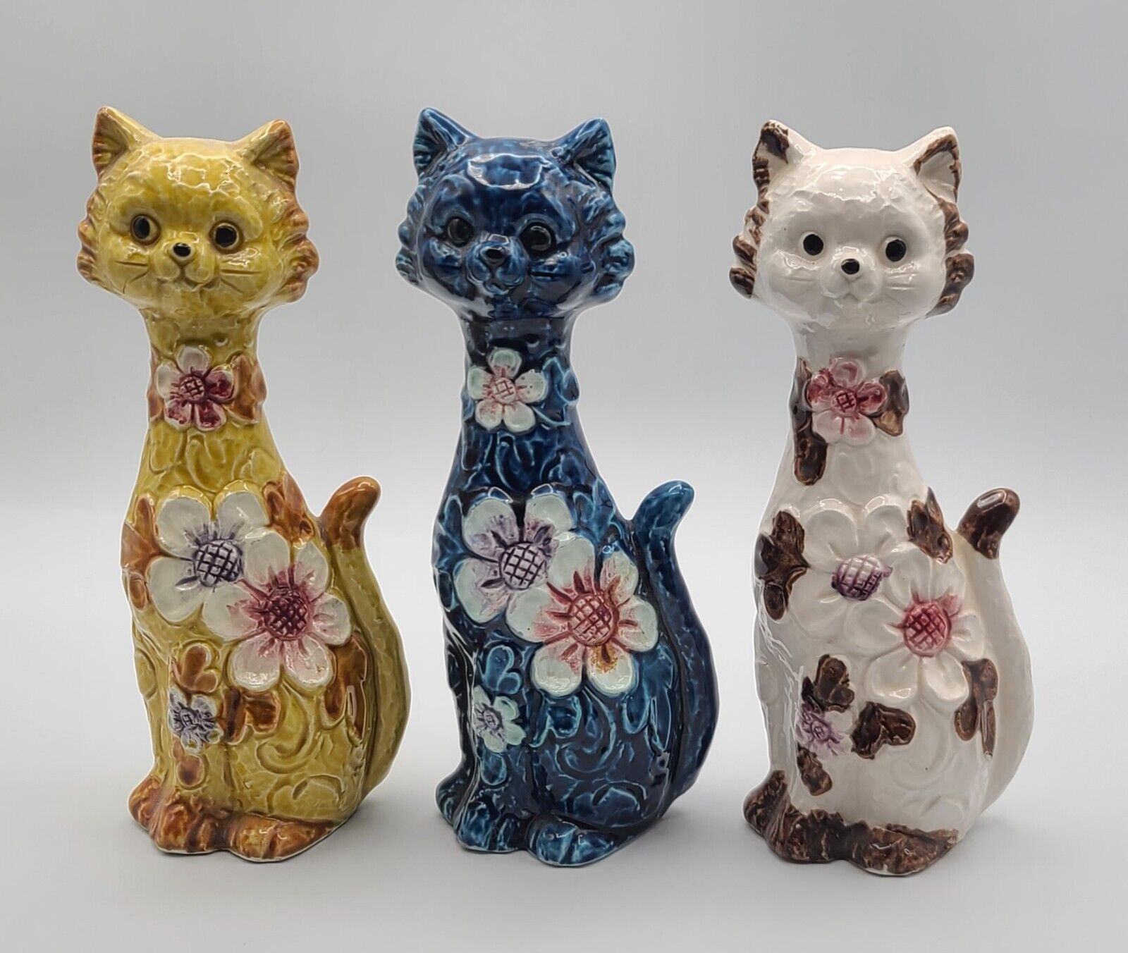 Vtg MCM Ceramic Cats Set of 3 Blue Yellow White w/Flowers Japan 9 in