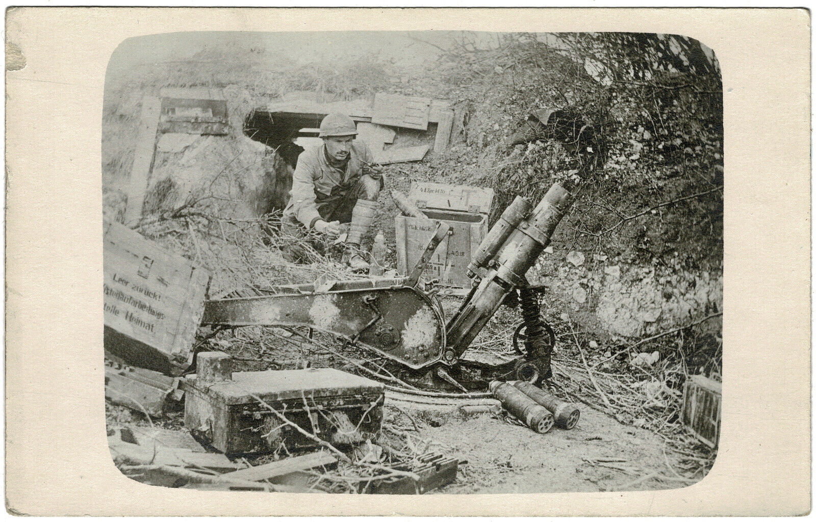 RPPC Soldier In Battle￼ Iconic￼ World War 1 postcard  WWI French Adrian Helmet
