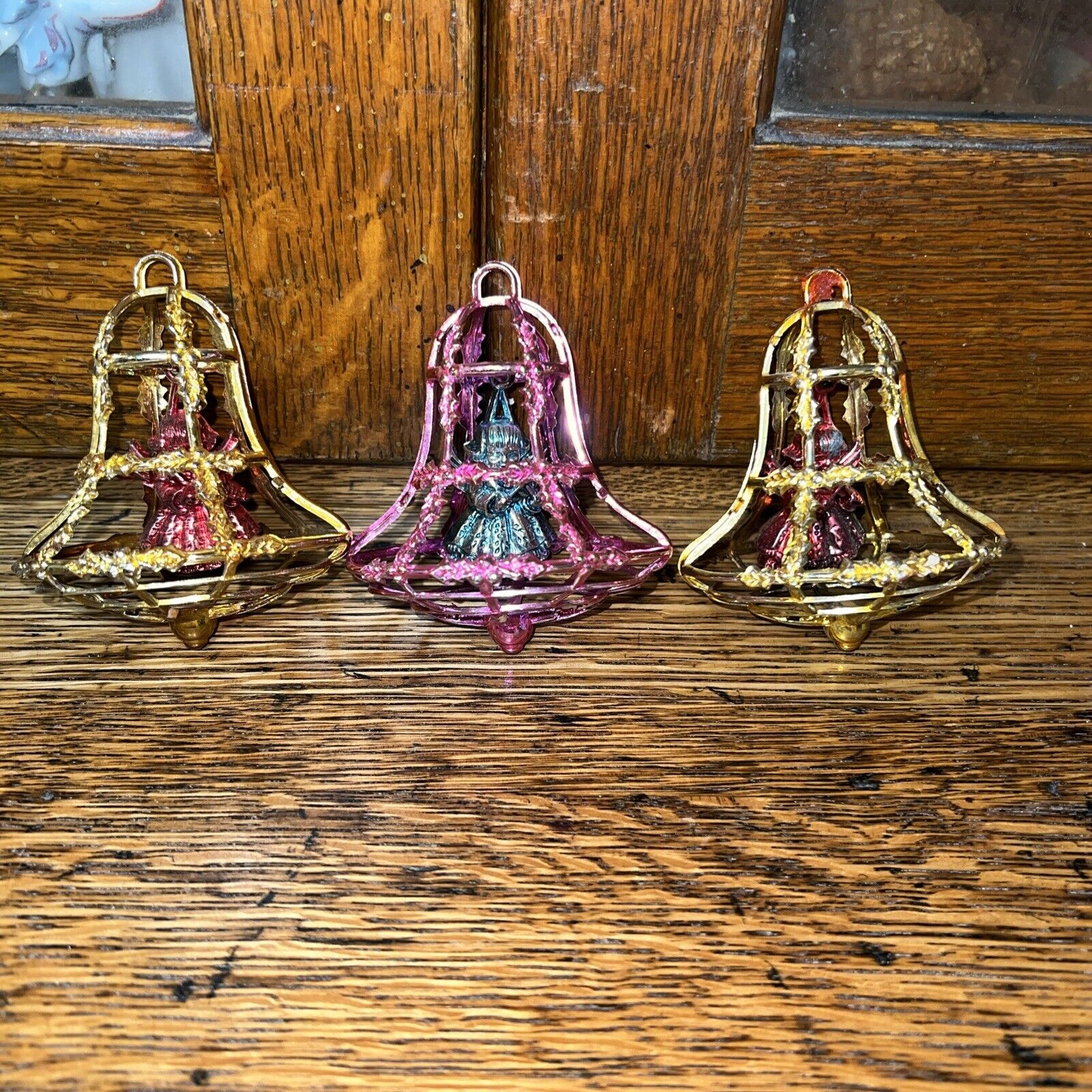 3 vintage Bradford filigree bell cage plastic Christmas ornaments w/ inserts