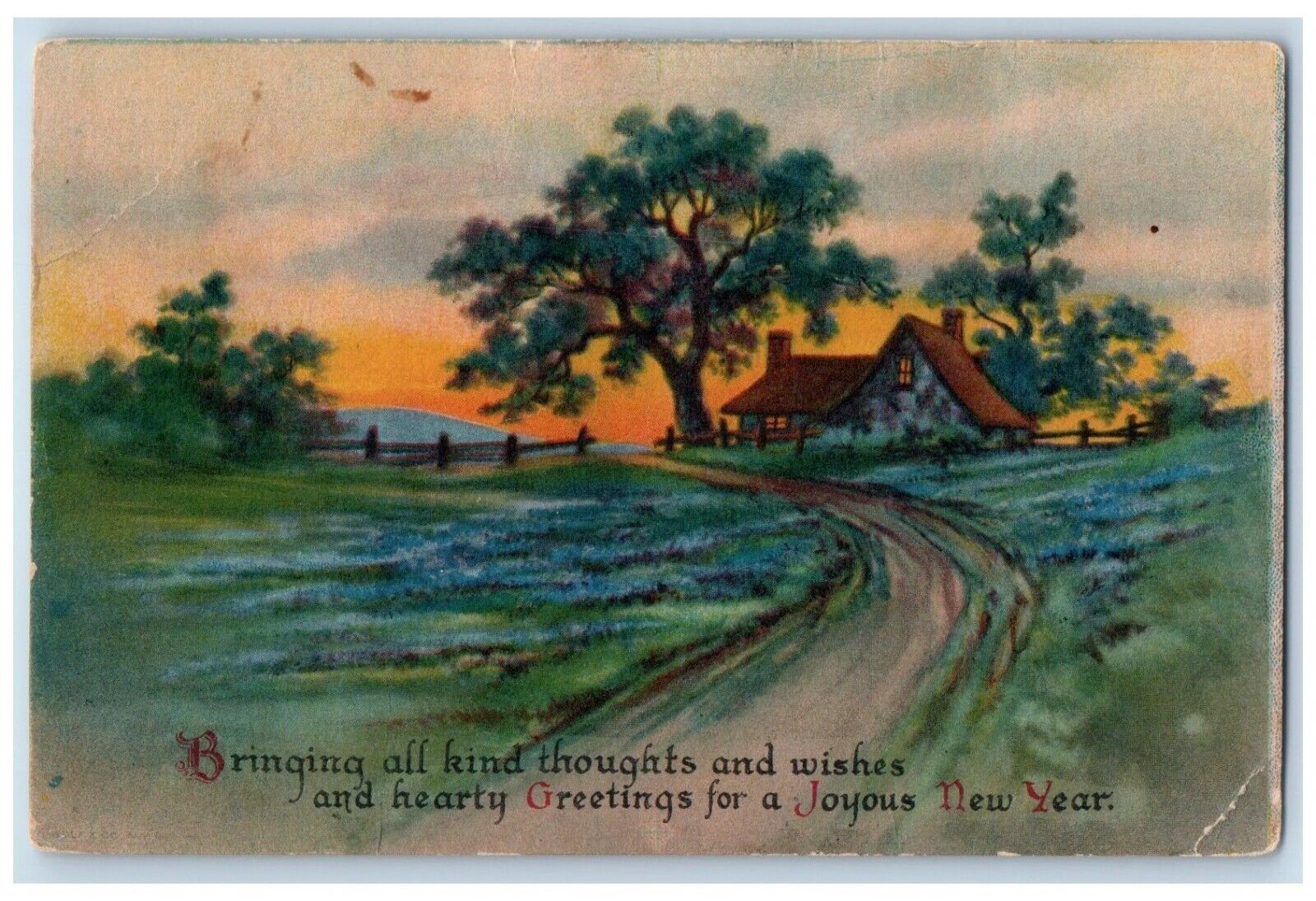c1910's Hearty Greetings And New Year House And Trees Wolf Antique Postcard