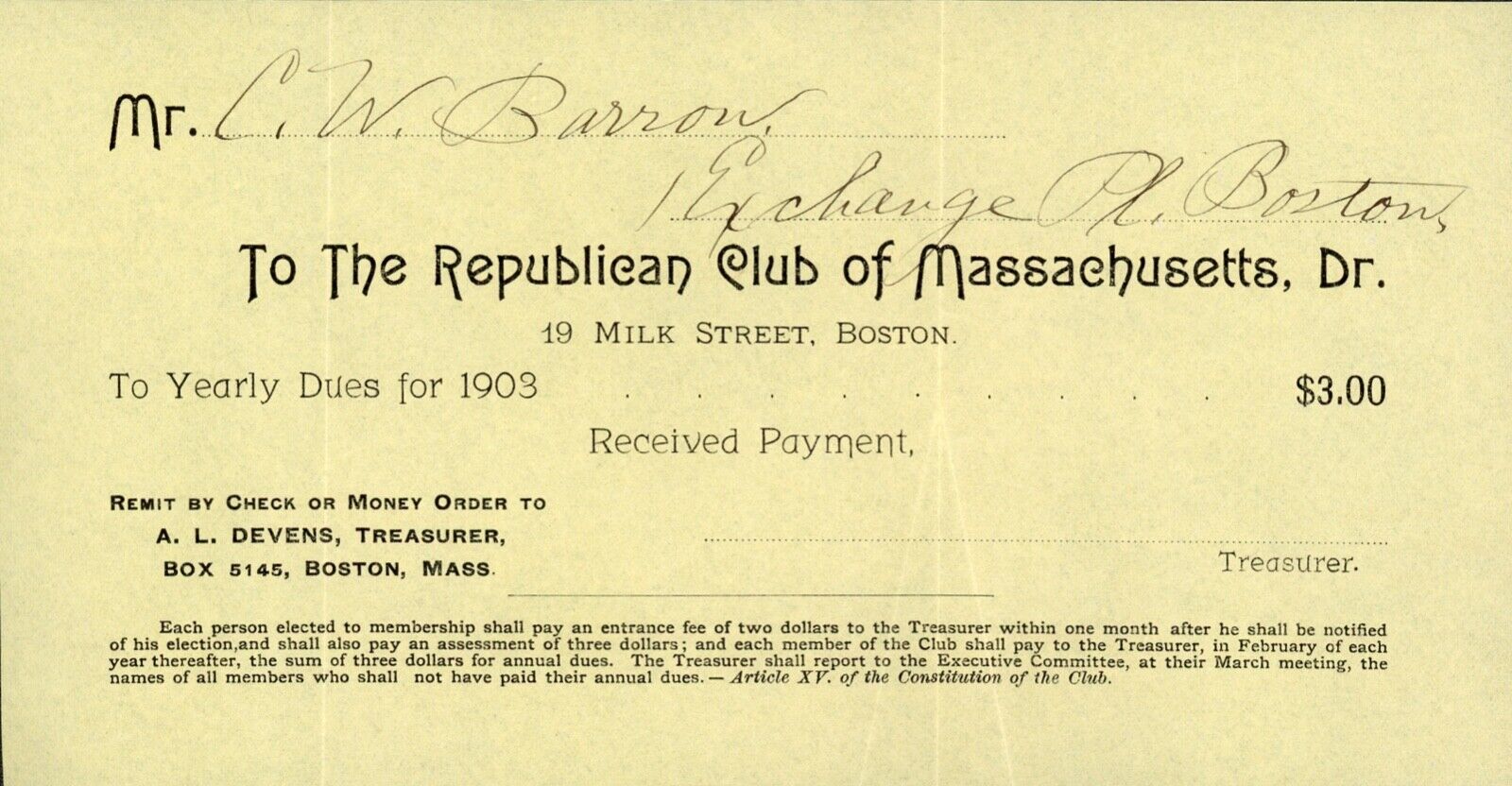 CLARENCE W. BARRON SIGNED Payment Voucher for Republican Club of MA • 1903