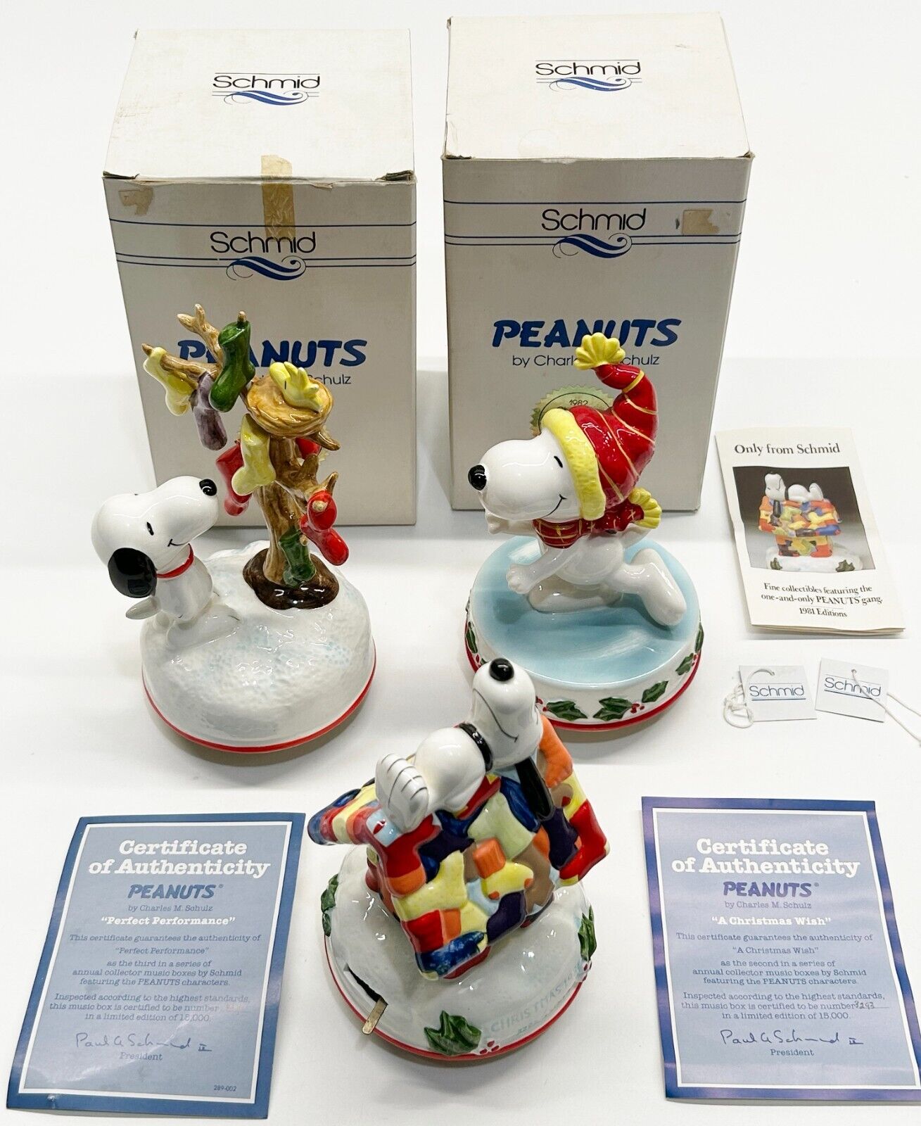 Vintage 1980's Schmid Snoopy Peanuts Music Box Lot of 3 1980 1981 1982 WITH BOX