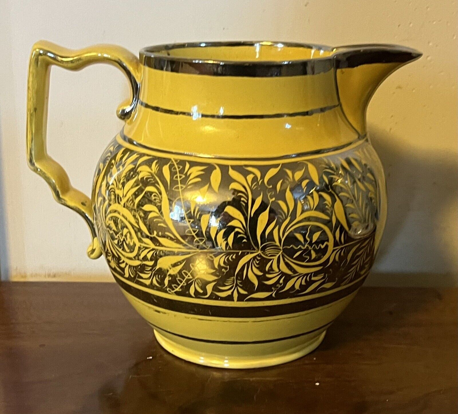 Antique 19th c English Regency Staffordshire Silver Luster Canary Yellow Pitcher
