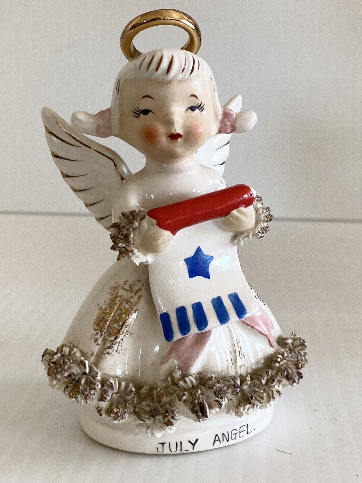 Vintage 1950\'s LEFTON 4th of July Birth month Angel Figurine Stamped On Bottom