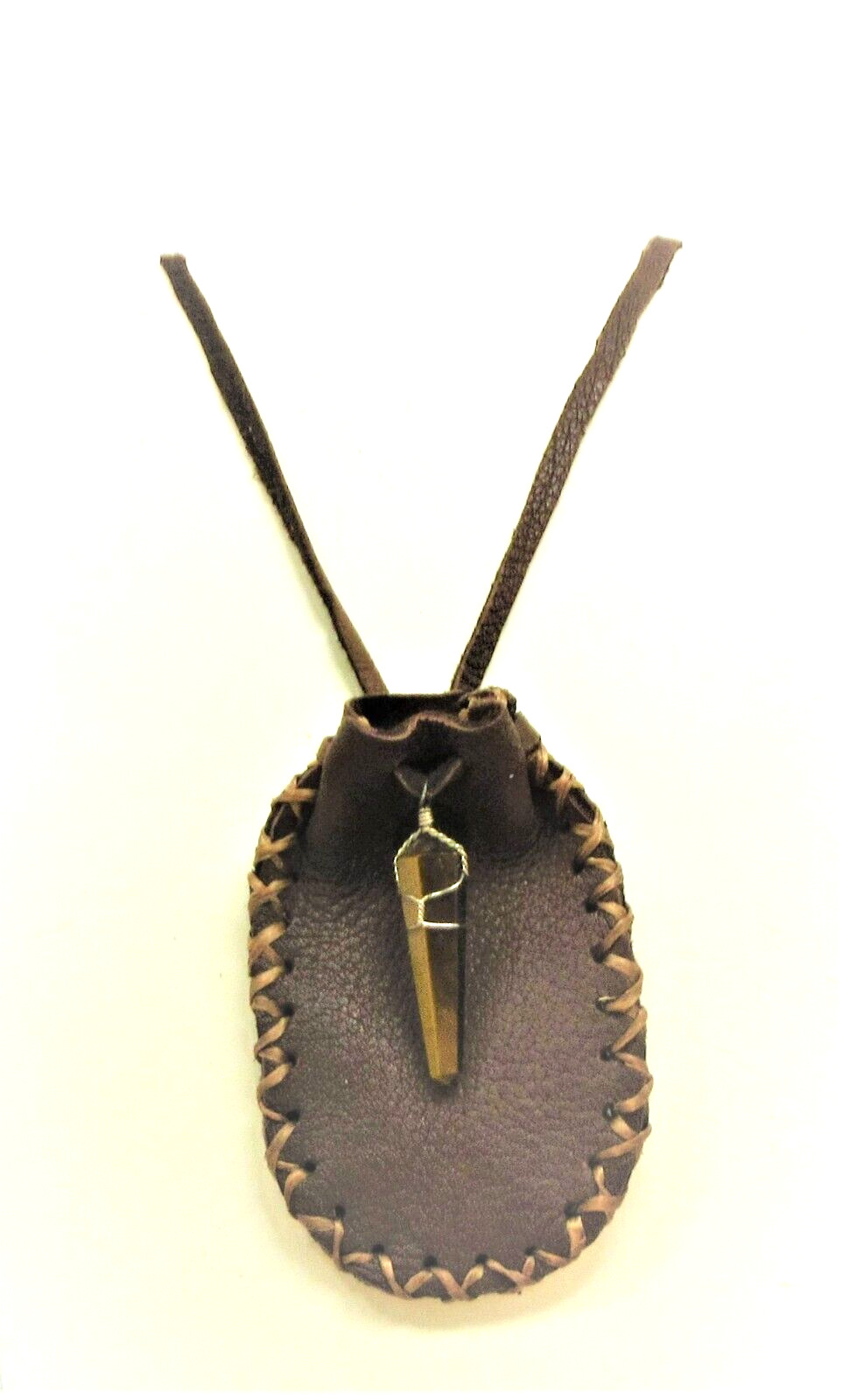 Native American Dark Brown Deerskin Leather Handmade Pouch TigerEye Crystal #740