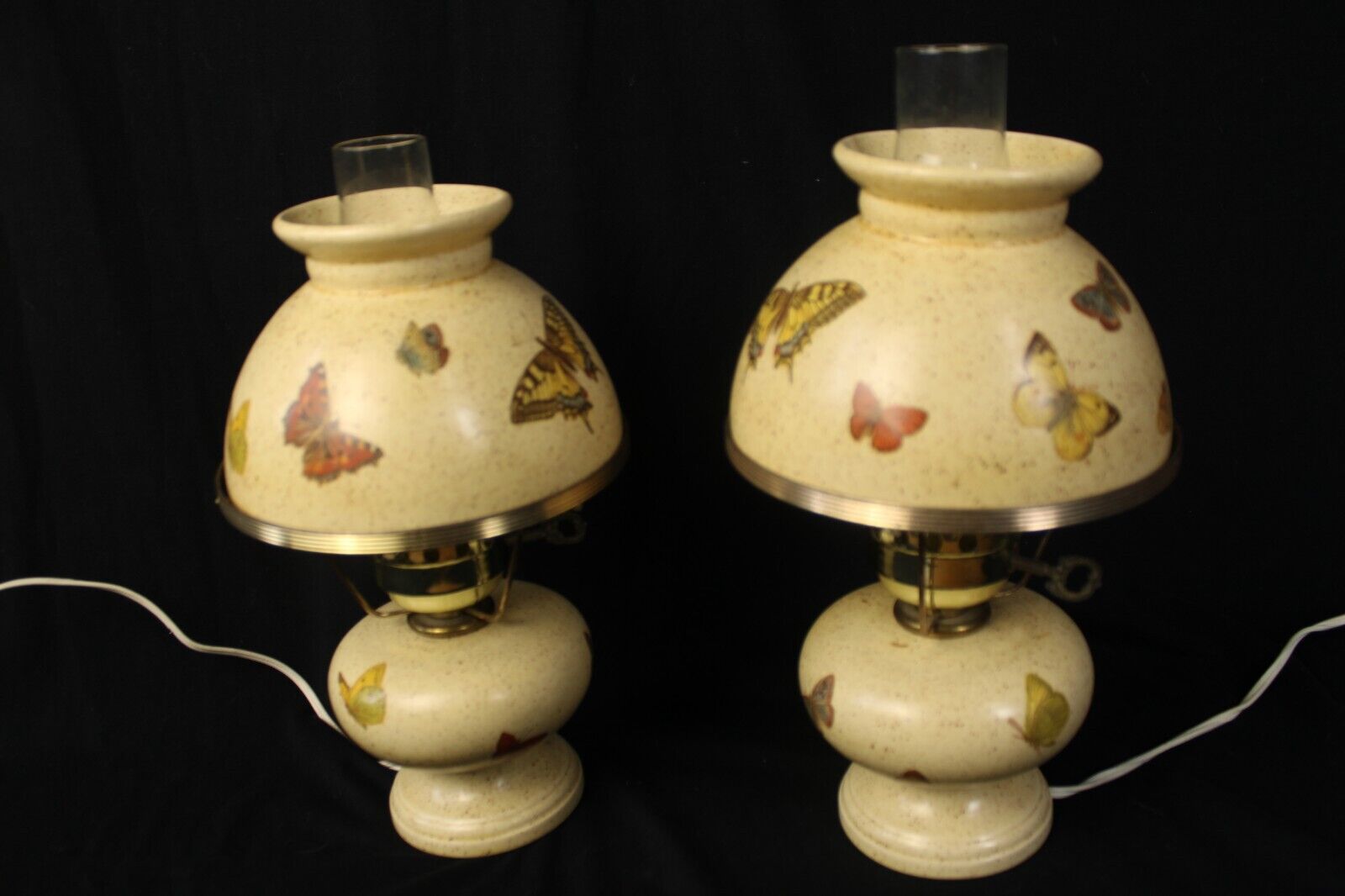 Pair Vintage Hurricane Lamps with Butterflies Pretty