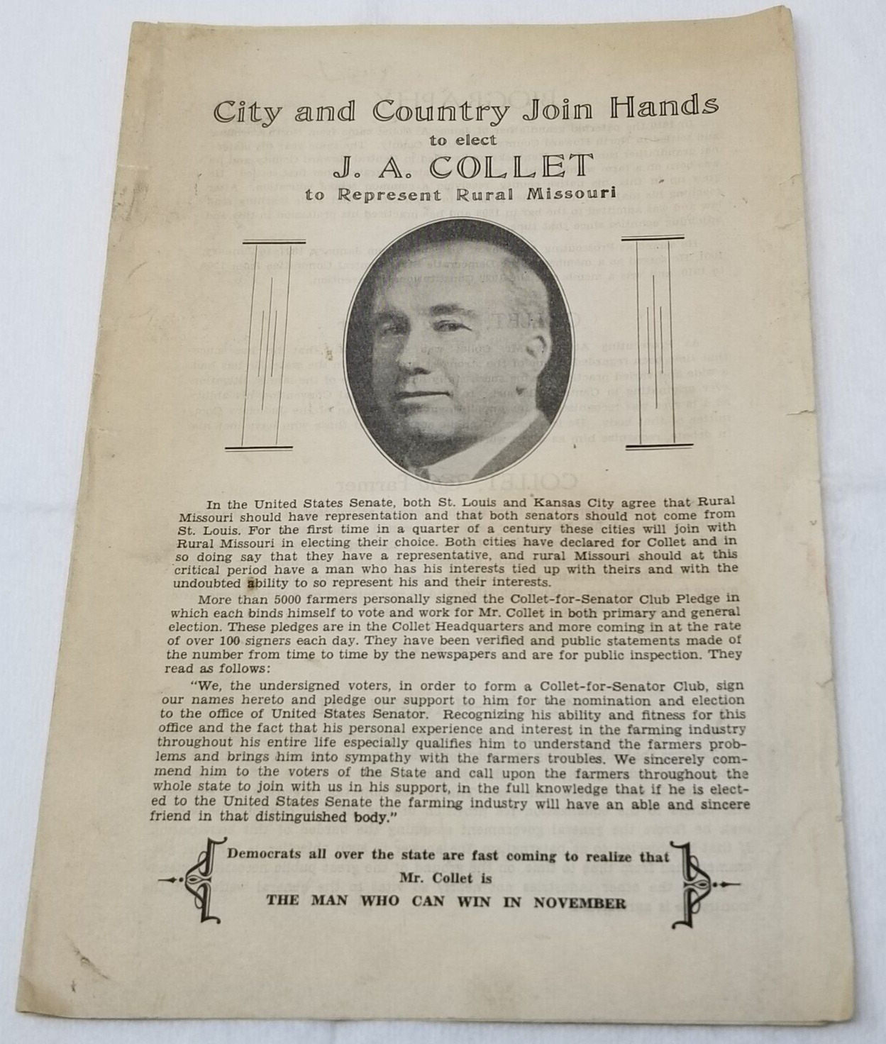 J.A. Collet for Senate Brochure 1928 Missouri Democrat Primary Wet Candidate