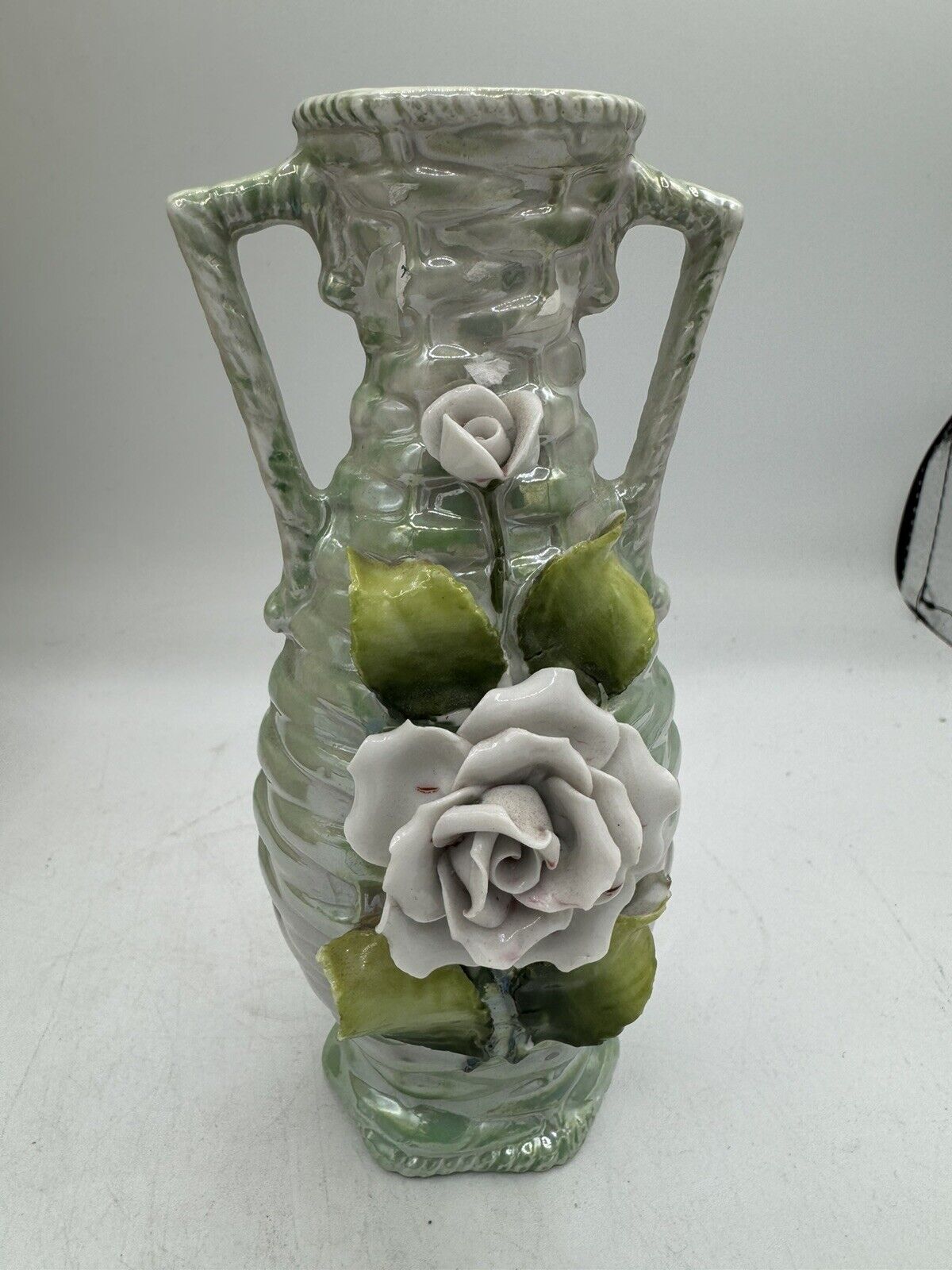 German Small Bud Vase with delicate  Applied Pink Roses  - No Flaws 6.5” Tall