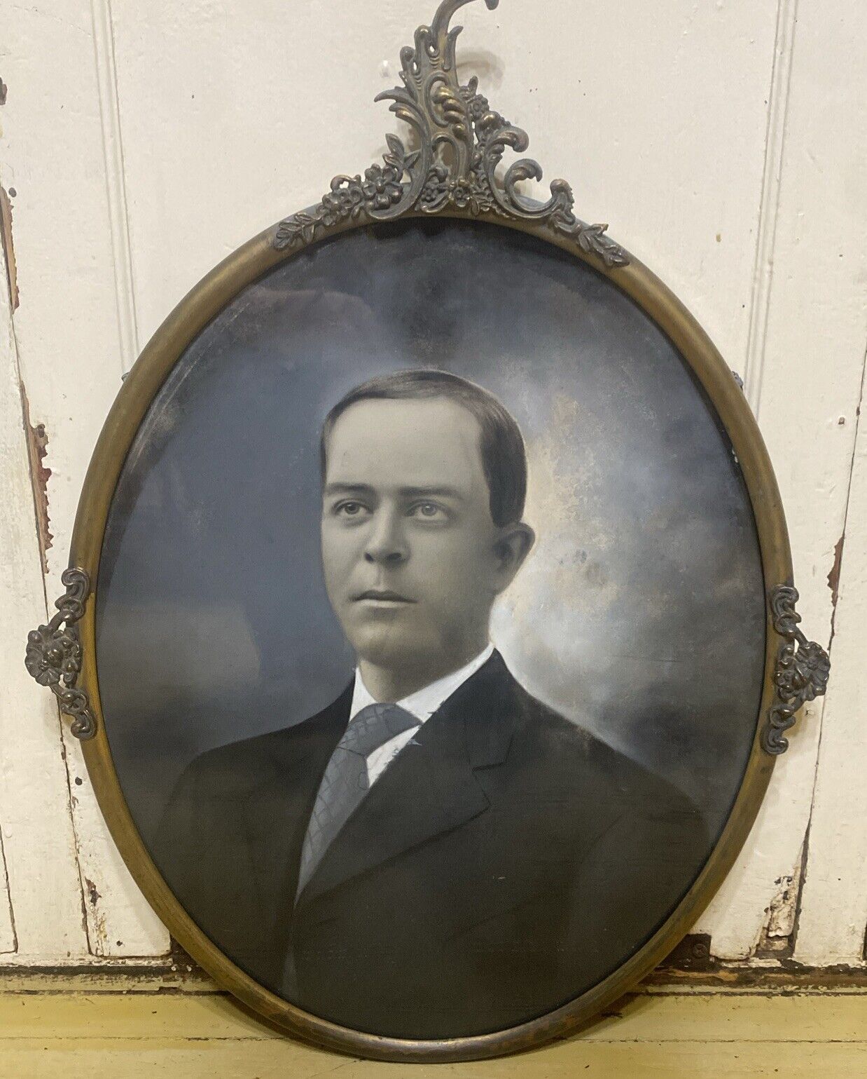Large Antique Pre 1920s Charcoal Portrait Brass Frame Picture Ornate