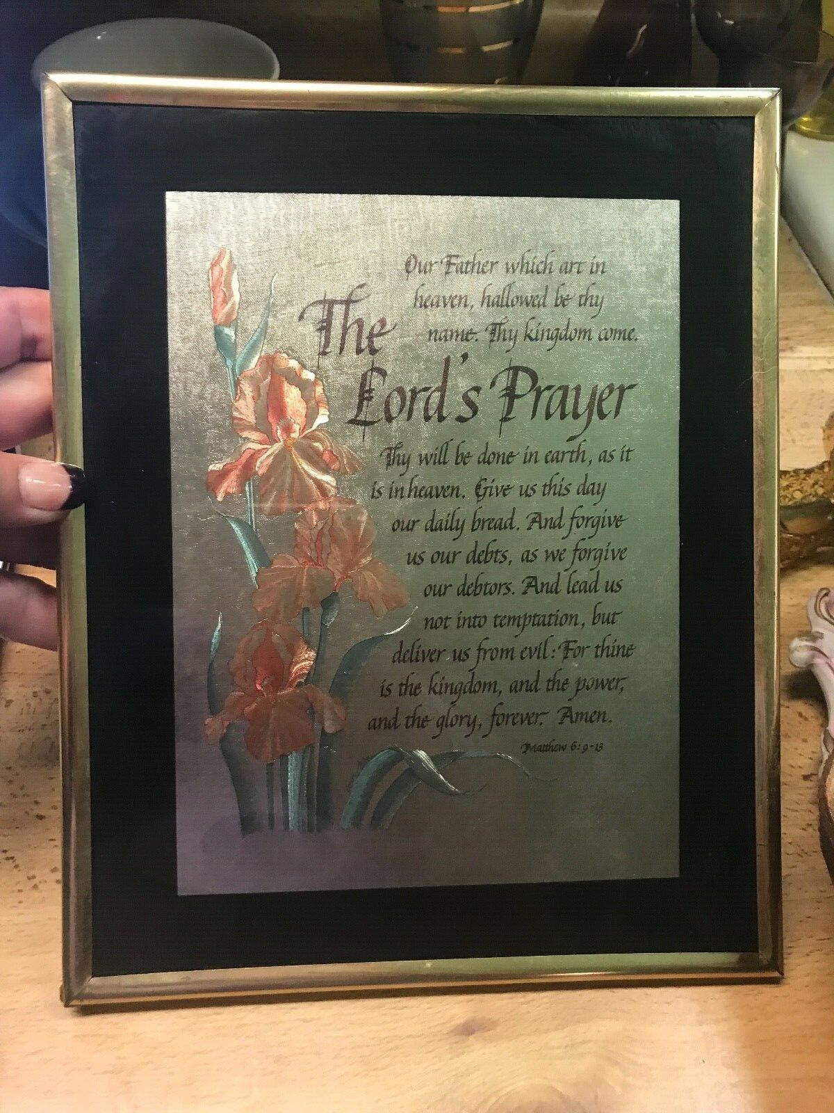Vintage Framed Lord\'s Prayer Metallic Picture Iris Flowers Wall Decor Religious