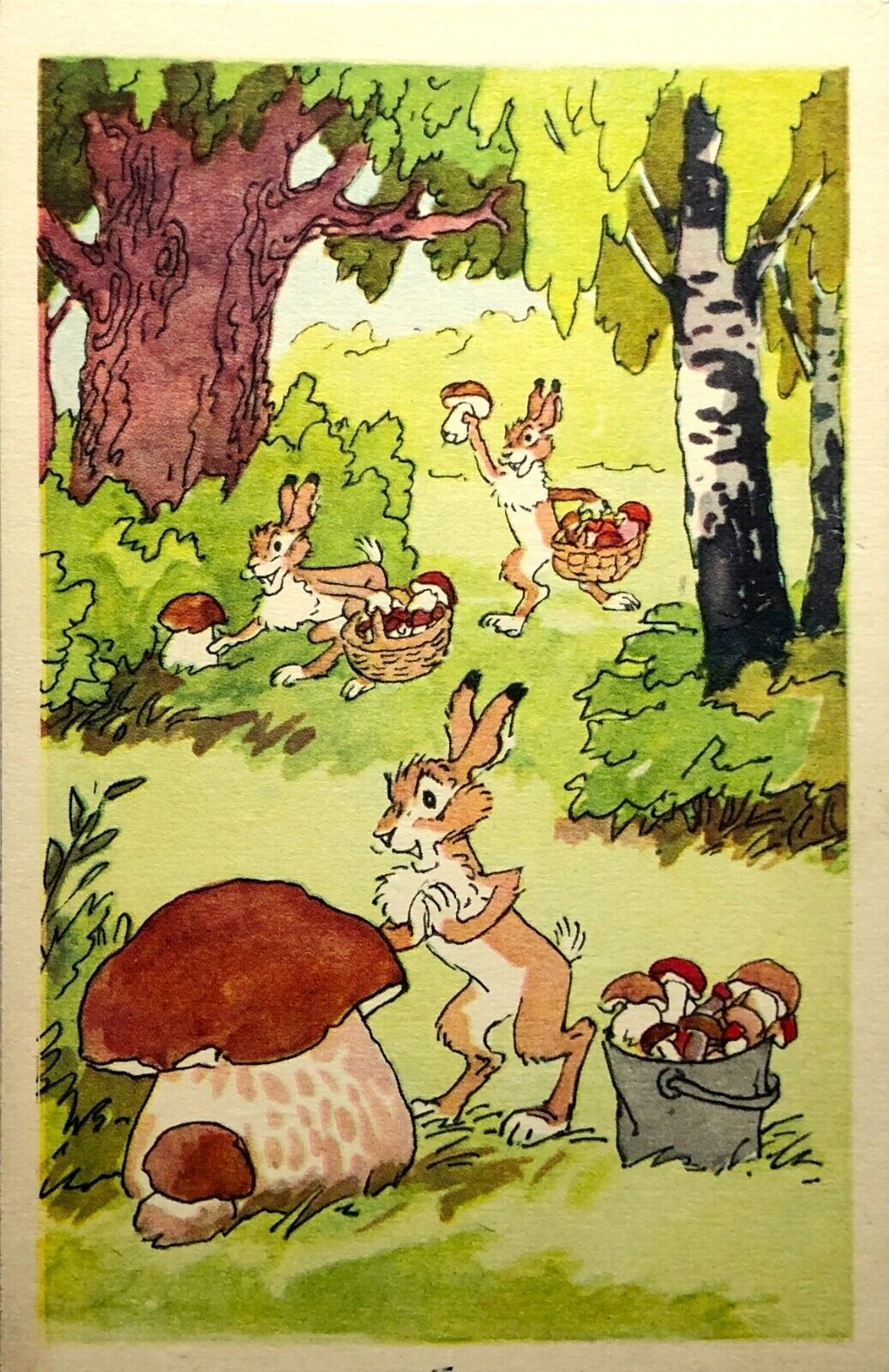 1969 Hares and Mushrooms Children Postcard Greeting card