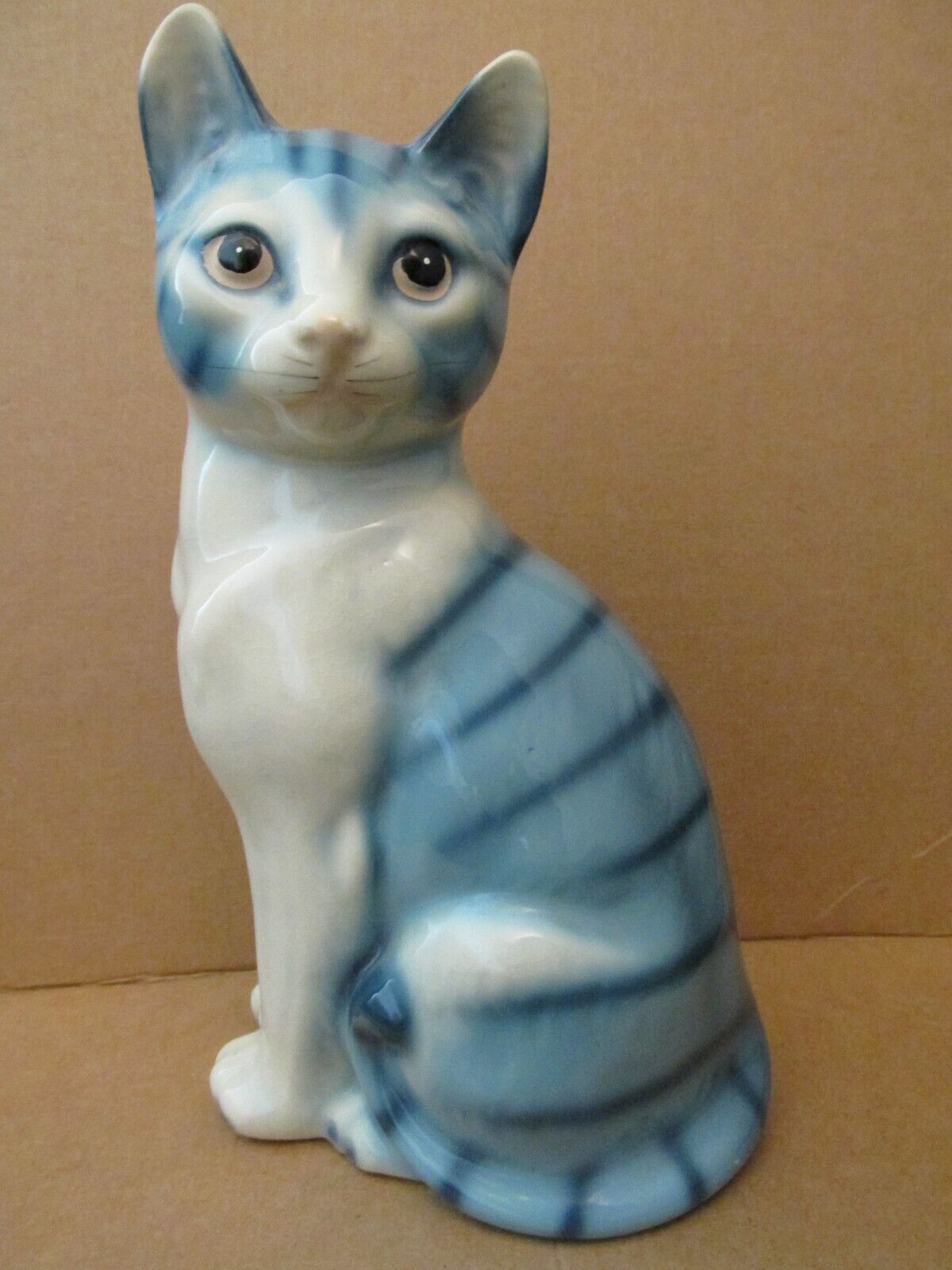 Vintage Cat Ceramic Figurine Royal Orleans Blue Tiger Stripe Sitting Japan