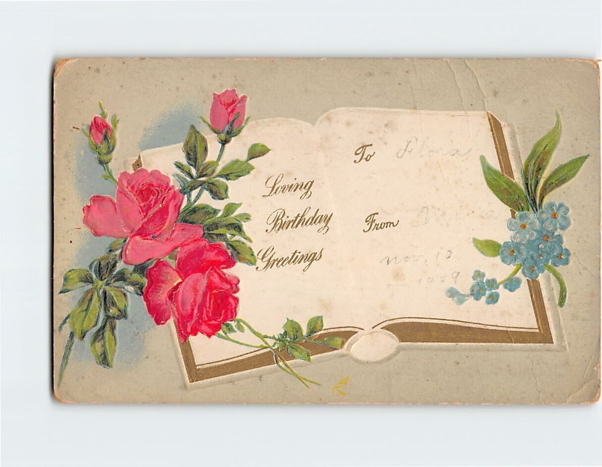 Postcard Loving Birthday Greetings Book & Flower Art Print Embossed Card