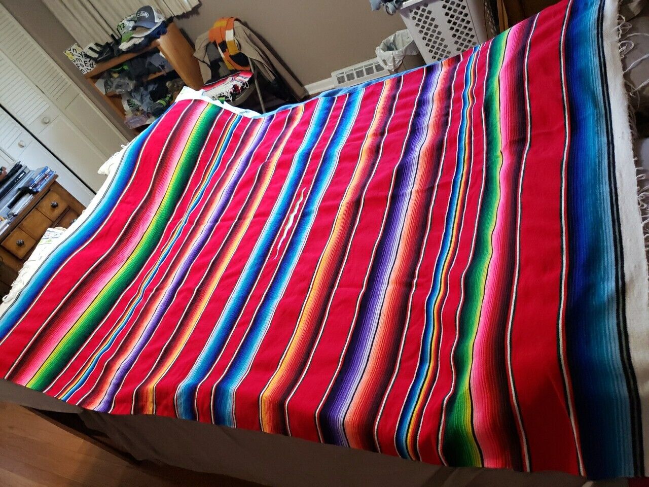 Vintage Mexican Saltillo Serape Woven Blanket Extremely Colorful Large 58x84 VGC
