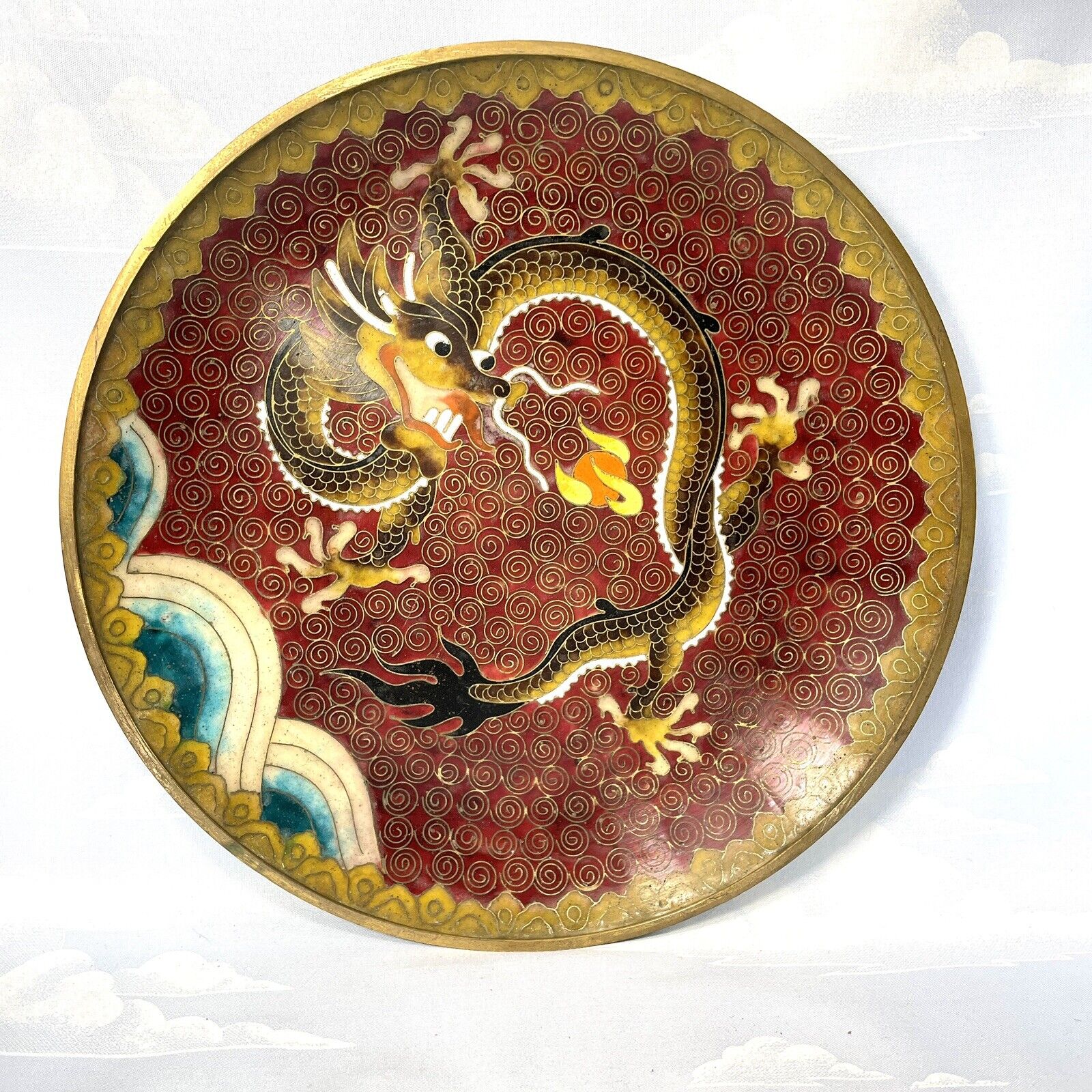 Vintage Cloisonne Chinese Dragon Plate Dish 8.5”