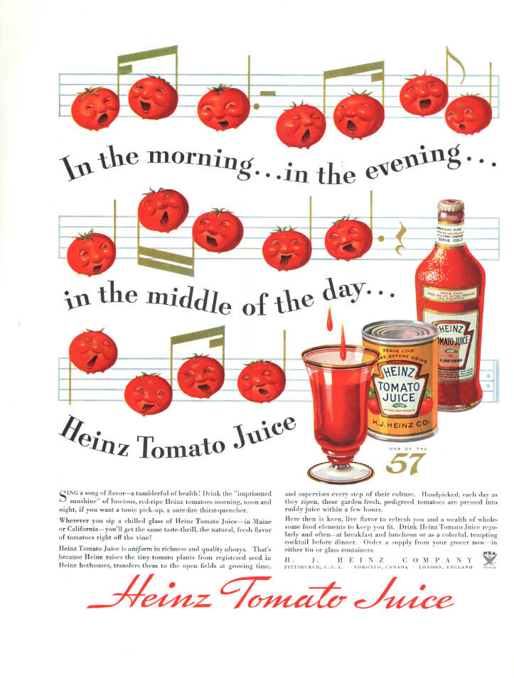In the morning the evening . . Heinz Tomato Juice ad 1934 singing tomatoes