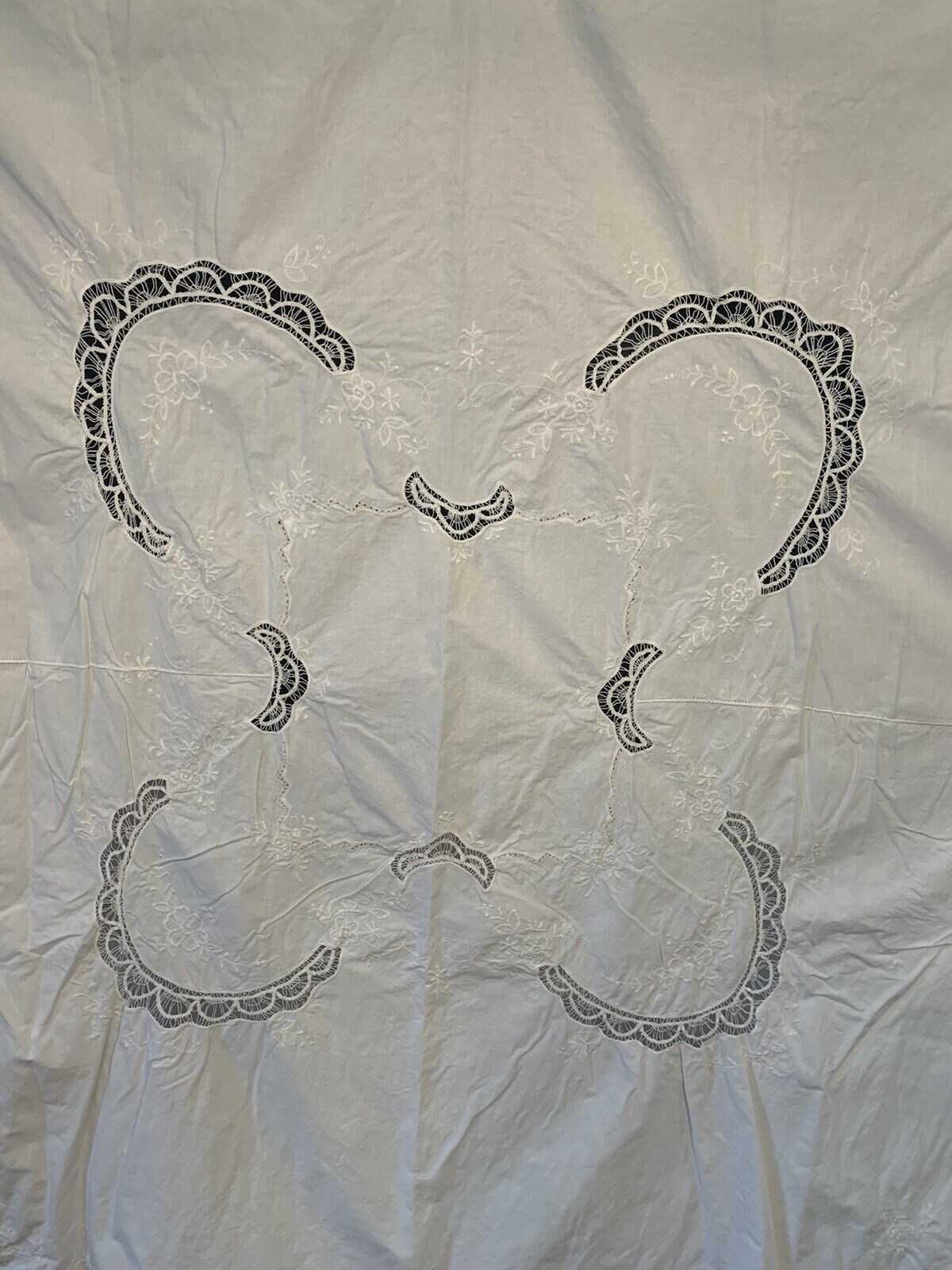 Vintage Linen Tablecloth White.  Battenburg Cutwork & Embroidery 66” X 66”