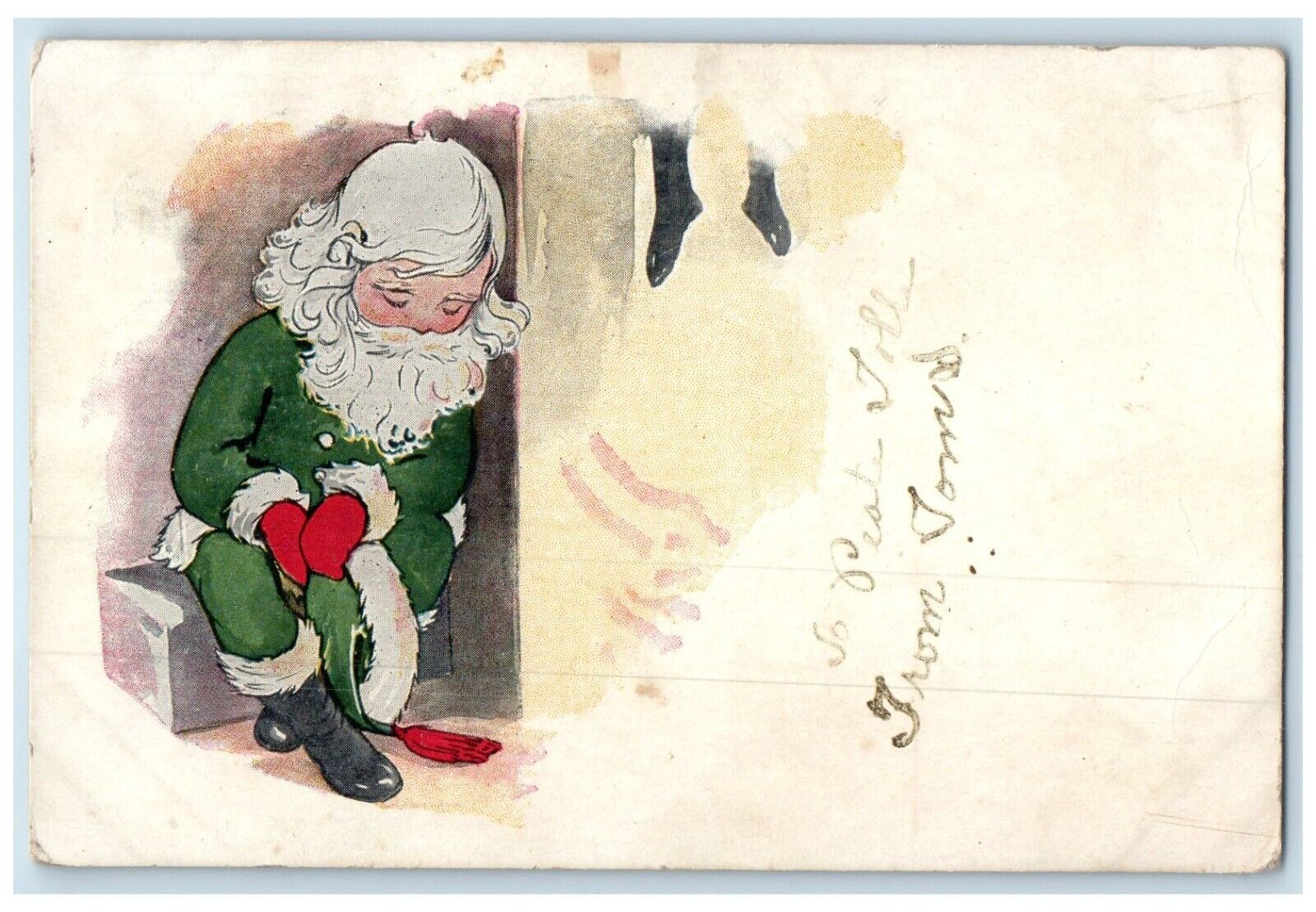 1911 Christmas Santa Claus Green Robe Hanging Stocking Norcatur KS Postcard