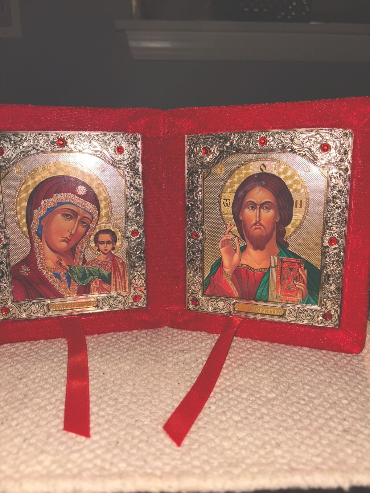 Russian Orthodox Icon of Christ and the Theotokos Icon Diptych Velvet Case