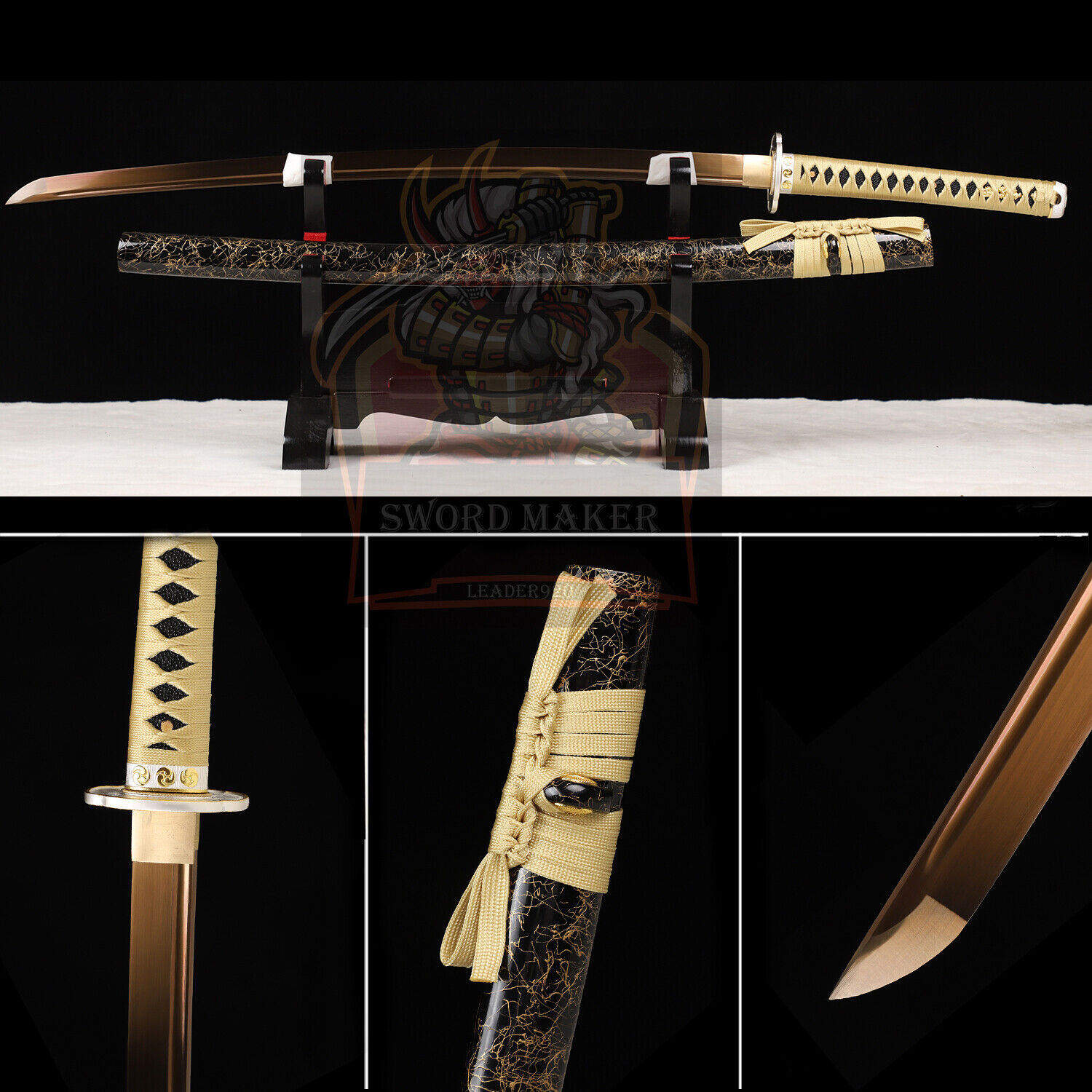 Japanese Samurai Sword Full Tang Katana 1095 High Carbon Steel Gold Blade  Sharp