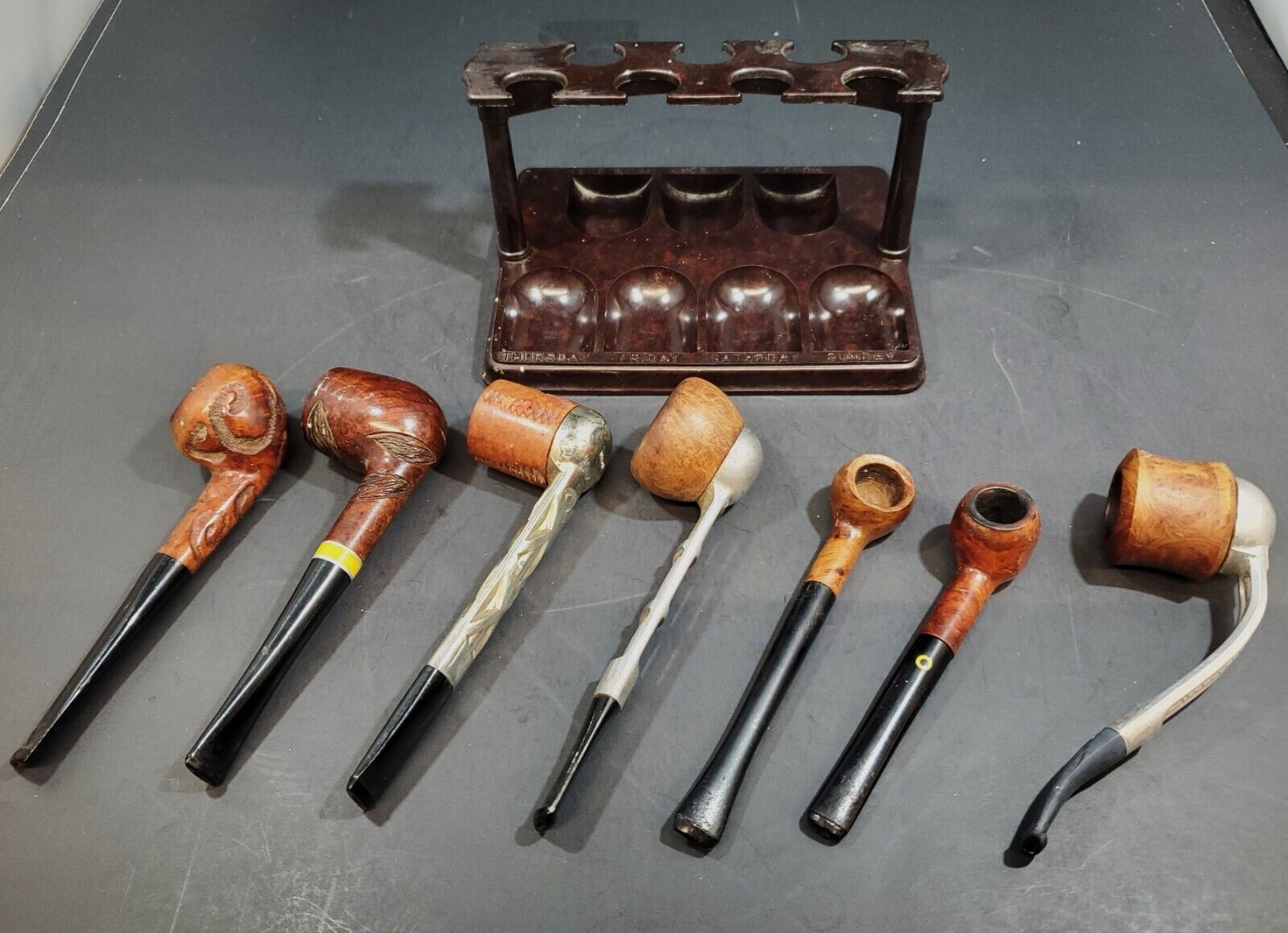 Set of 7 Vintage Tobacco Pipes with 7-Day Stand, Medico, Briar, Falcon, Viking