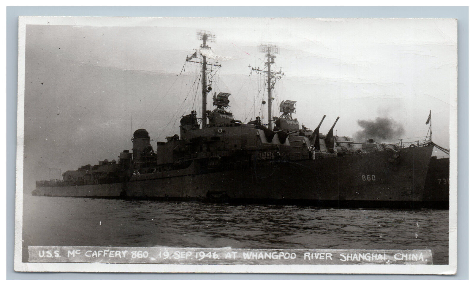 1946 USS Mc Caffery 860 at Whangpoo River Shanghai China Real Photo Navy Ship