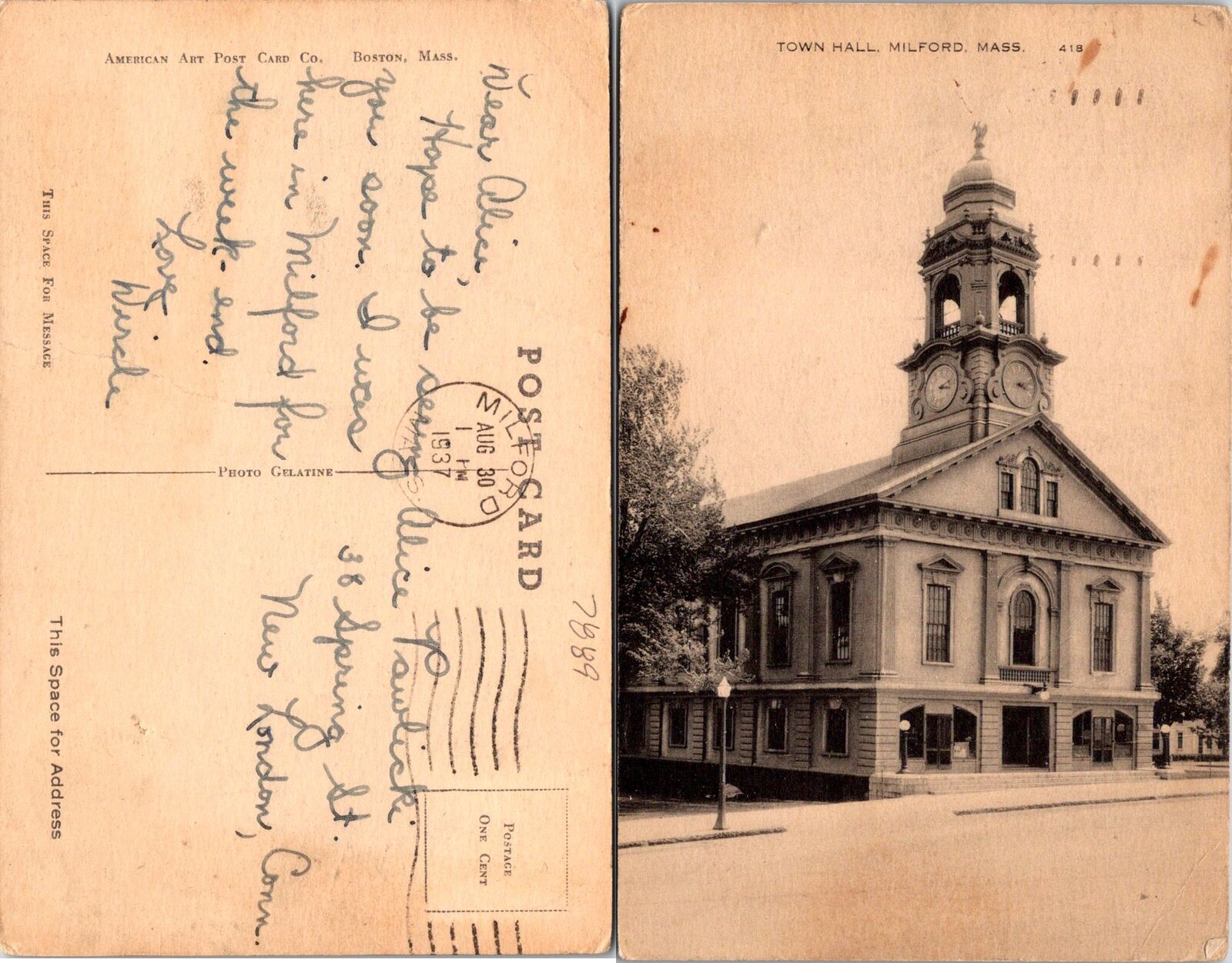 1937 Milford Massachusetts TOWN HALL Postcard i254