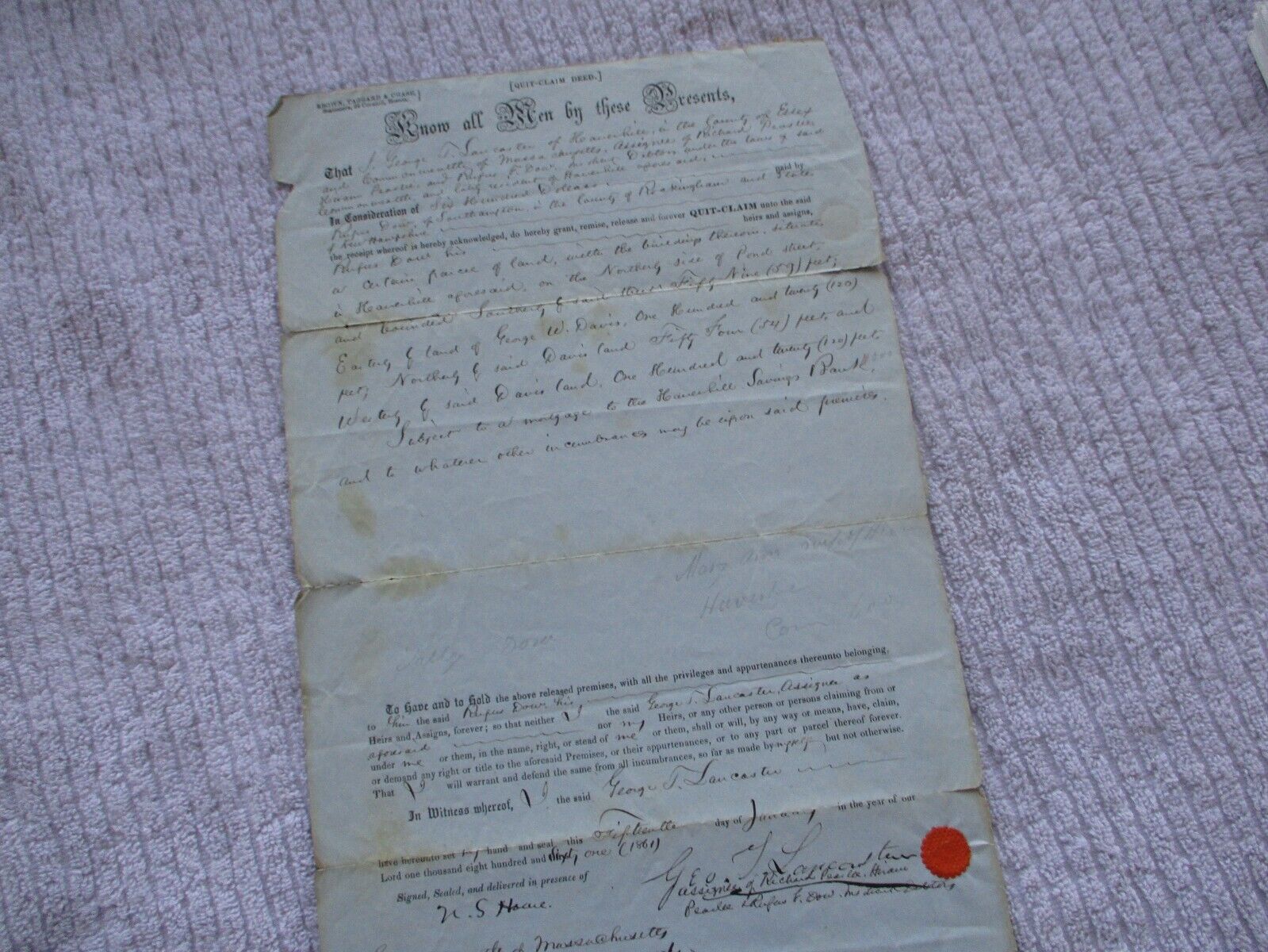 1861 Haverhill,Mass. (Lancaster,Dow,Brown,Howe,Peaslee family) Signed Deed