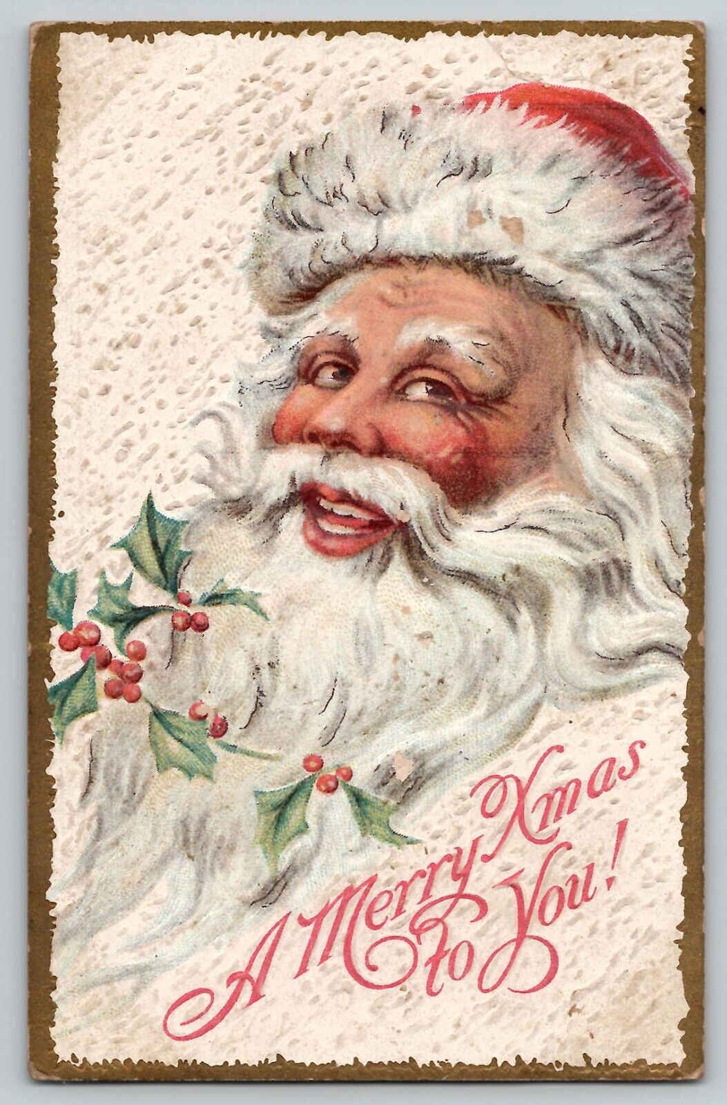 Jolly Smiling Santa Claus Holly Long Beard Vtg Ser 2000 Christmas Postcard 1916