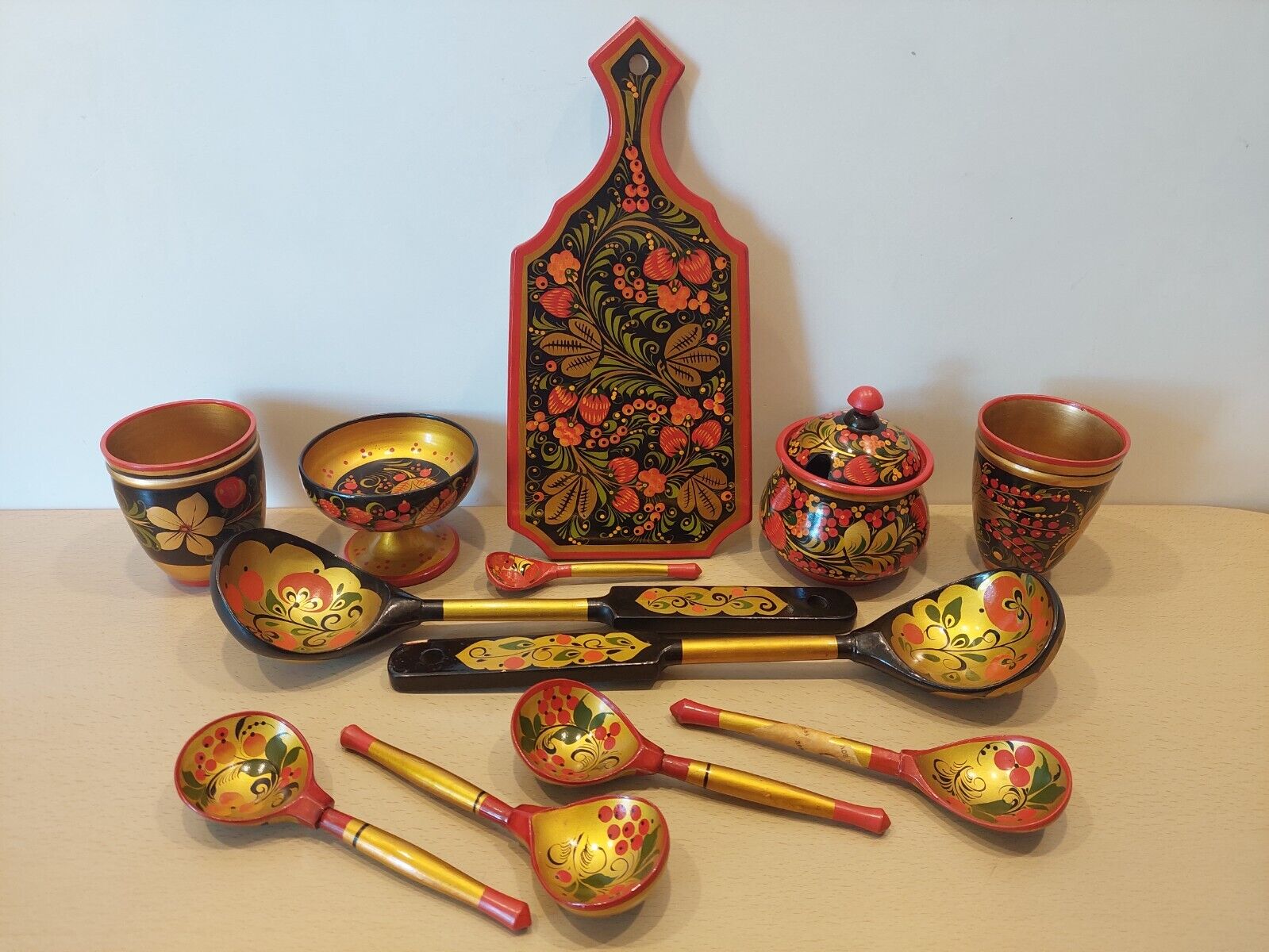 Soviet Vintage Set wooden utensils Khokhloma painting . Made in USSR . Original