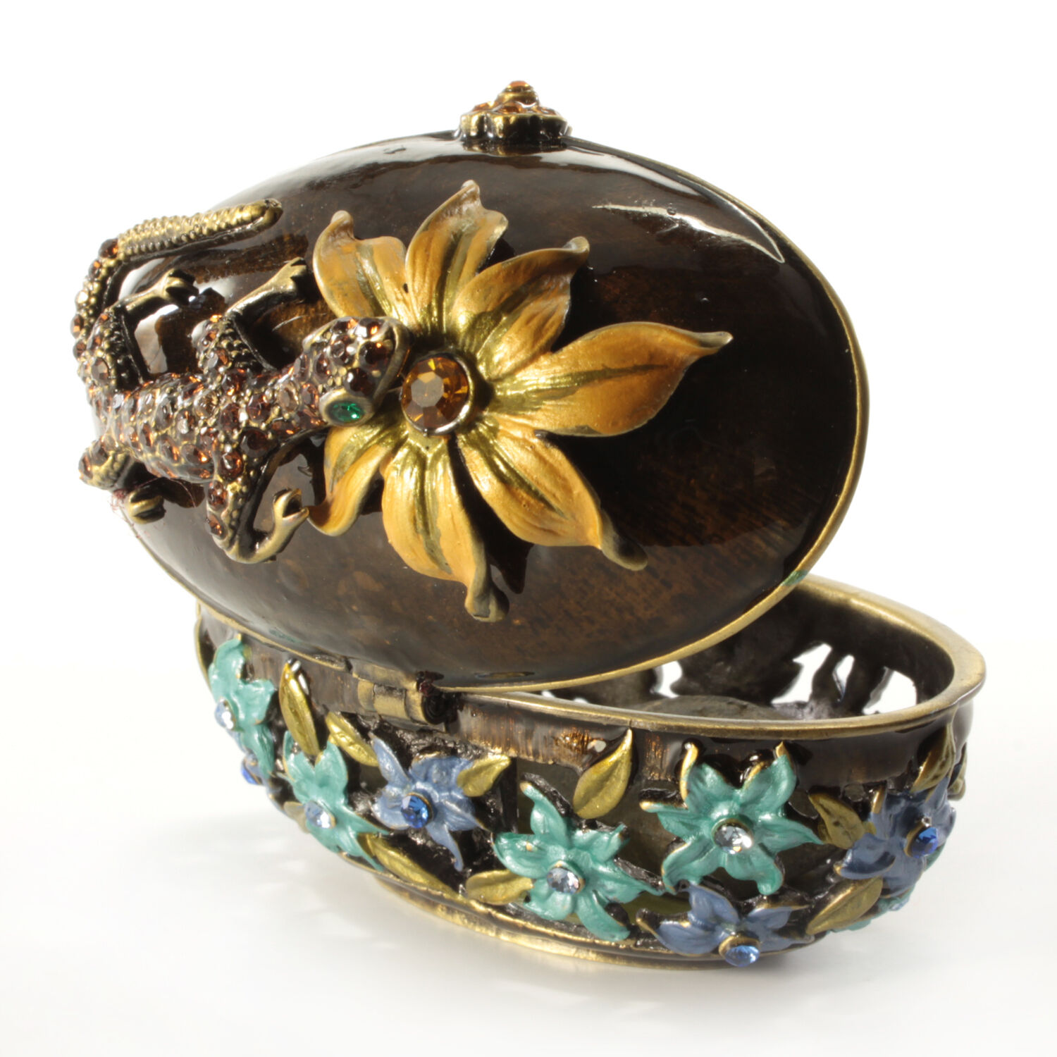 Jeweled flower motif trinket box with lizard, Faberge  figurine with crystals