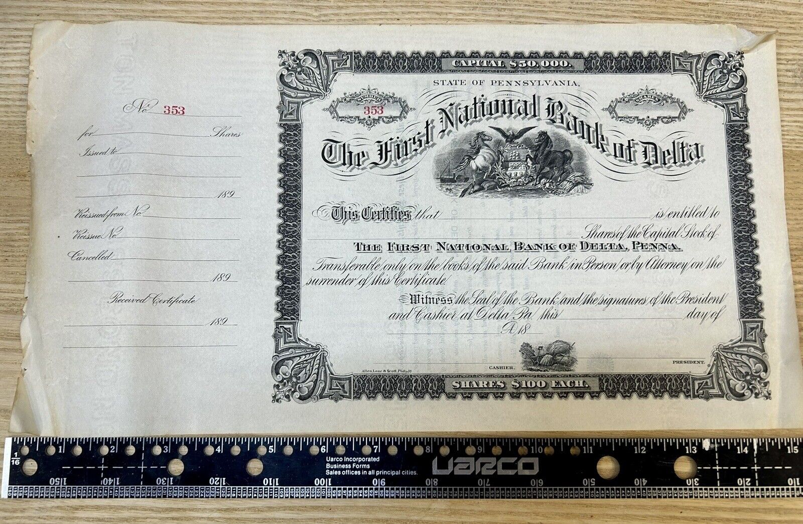 First National Bank of Delta PA 1890’s Blank $100 Share $50,000 Capital Blank