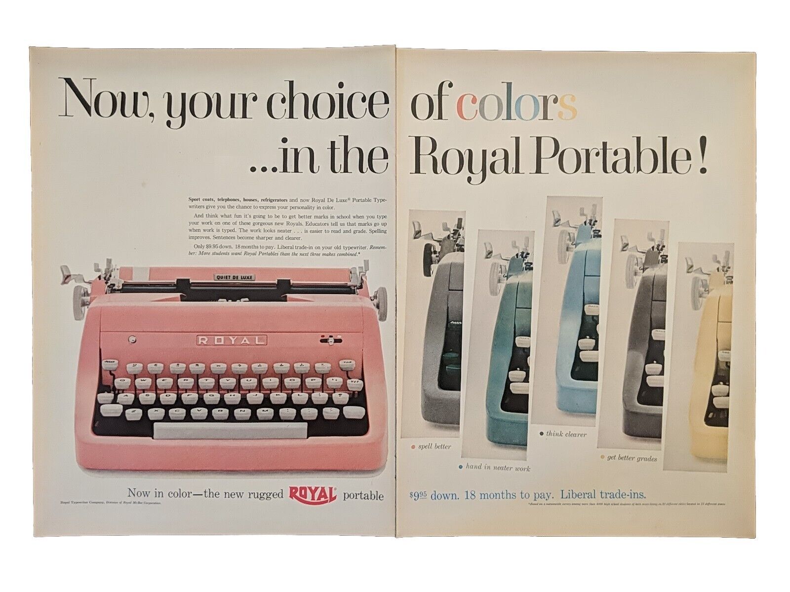 1955 Royal Typewriter Print Ad, Pink, Gray, Green, Baby Blue, Brown & Yellow 