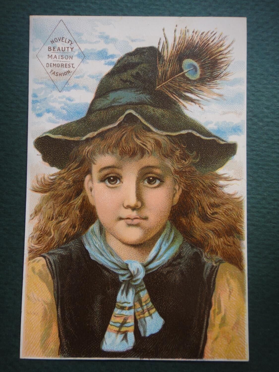 1880 antique victorian trade card DEMOREST MAGAZINE ART PRINT ADVERTISEMENT girl
