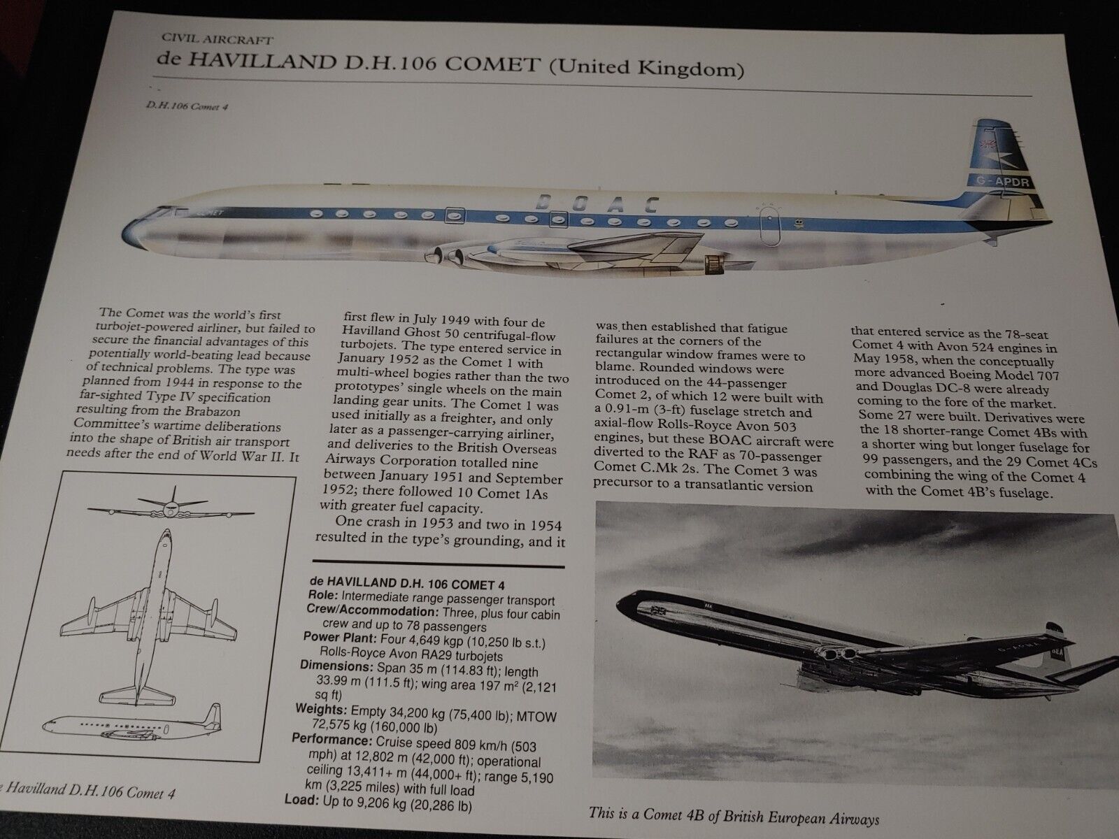 UNIQUE ~ De Havilland D H 106 Comet Airplane Aircraft Profile Data Print