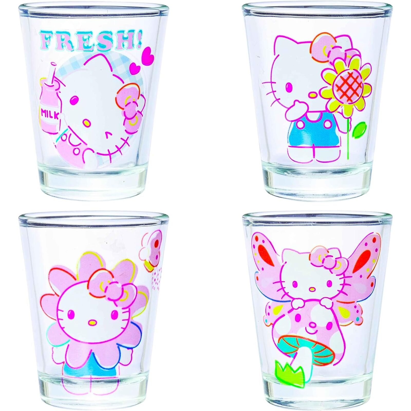 Silver Buffalo Sanrio Hello Kitty Spring Garden Flowers 4 Pack Mini Glass Set...