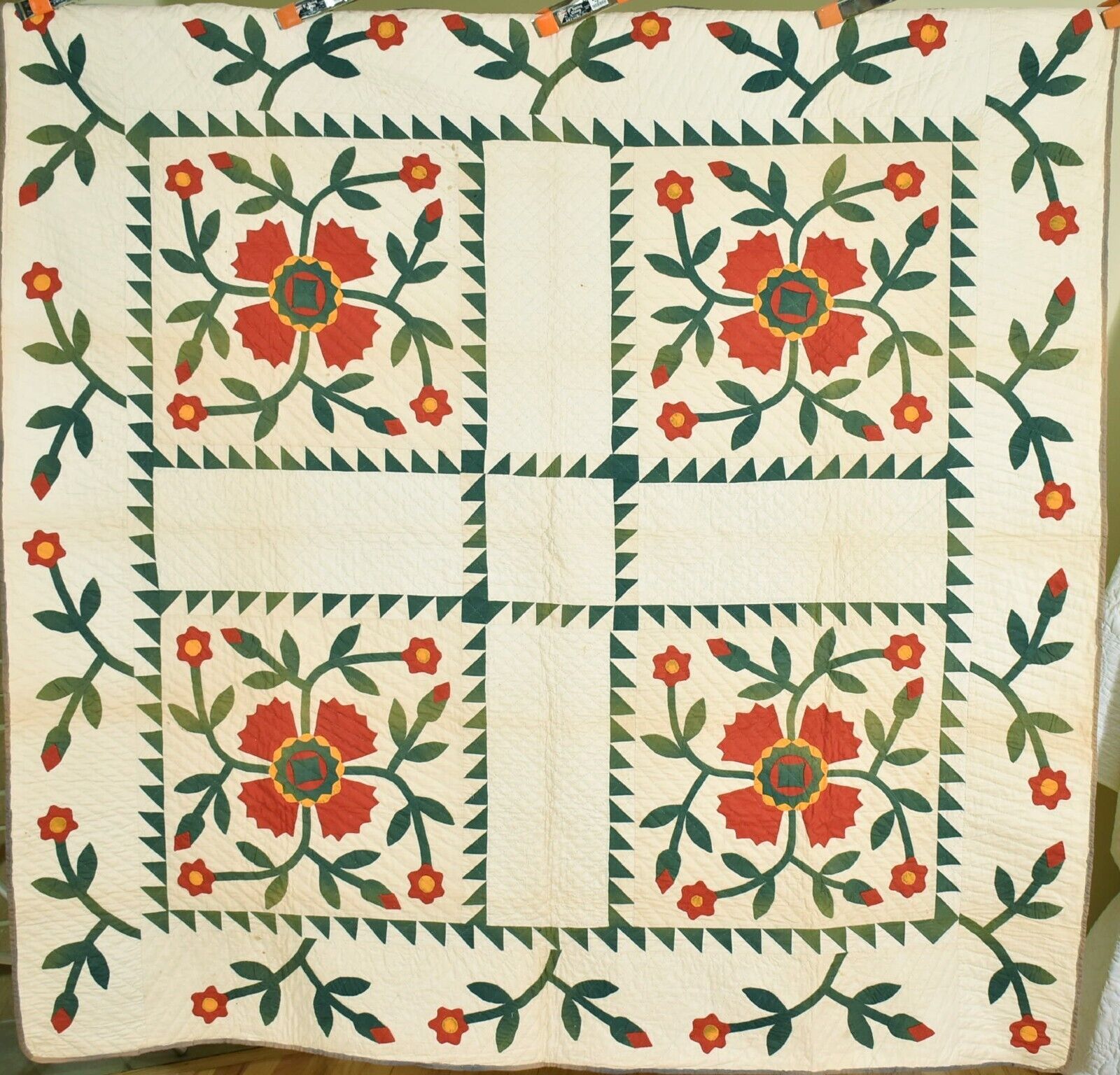 AMAZING 1880\'s Red & Green Whig Rose Applique Antique Quilt ~Sawtooth Borders