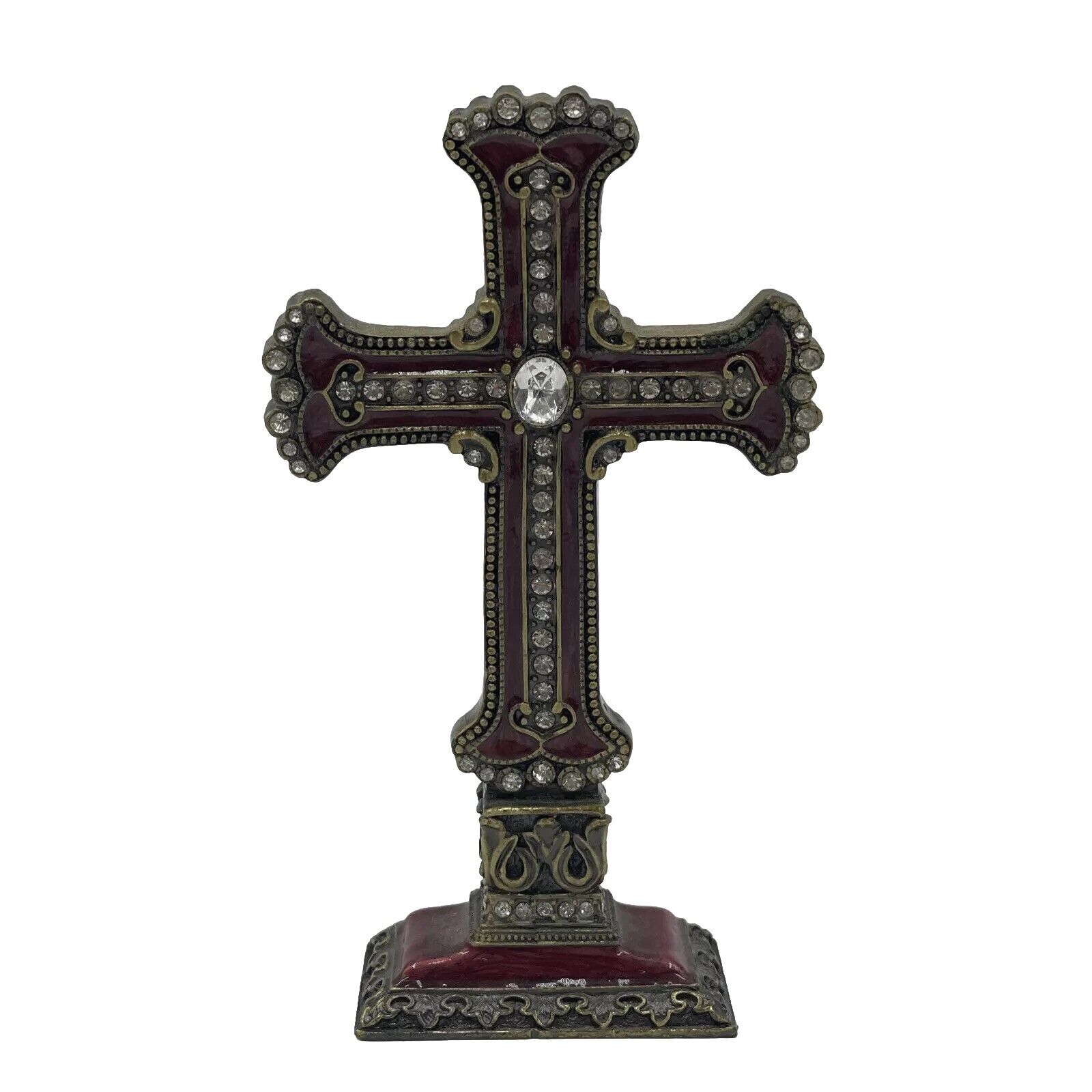 Enamel Rhinestone Standing Cross Red Gold Bling Crucifix Jesus God Catholic Iron