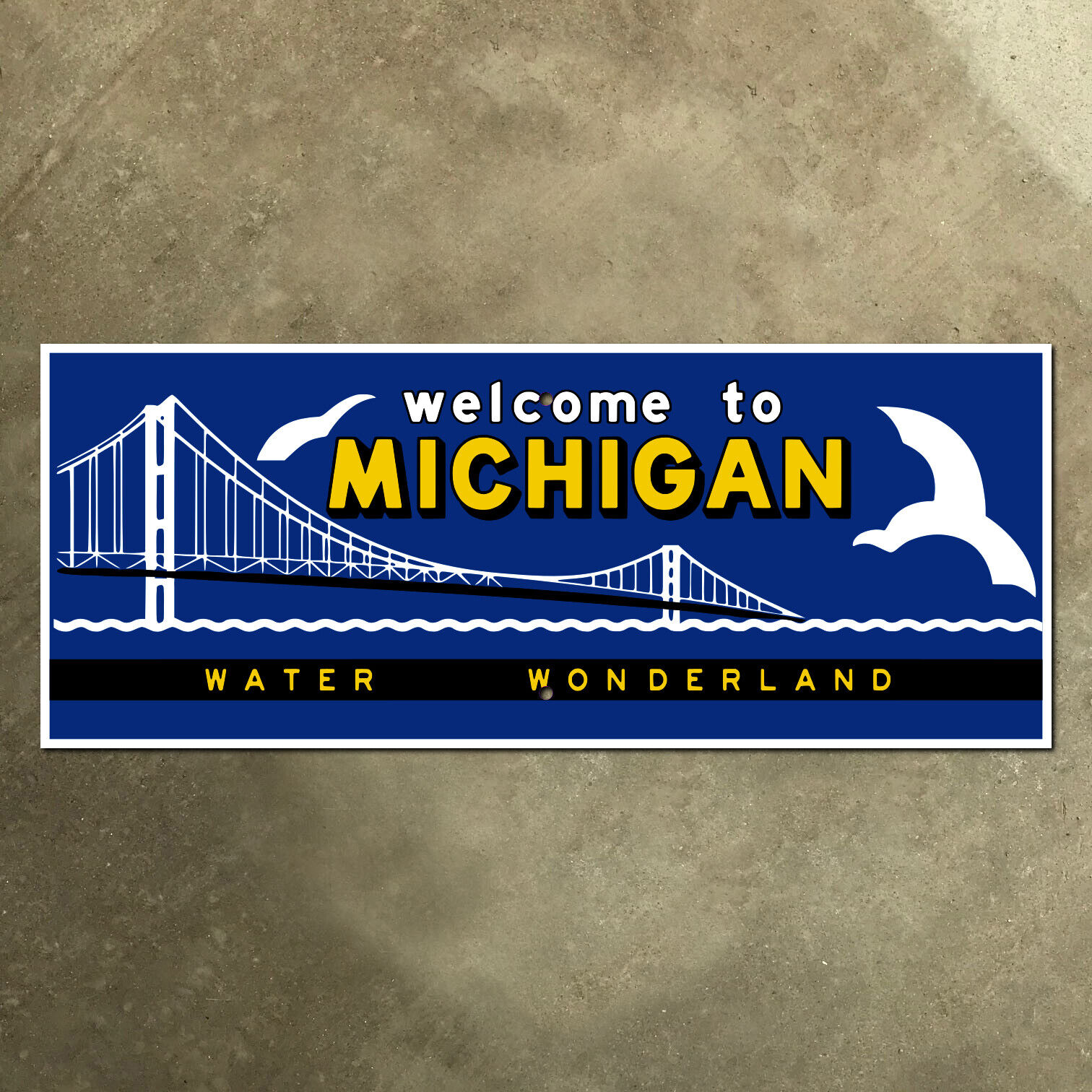 Michigan state line highway marker road sign 1957 water wonderland 27x11