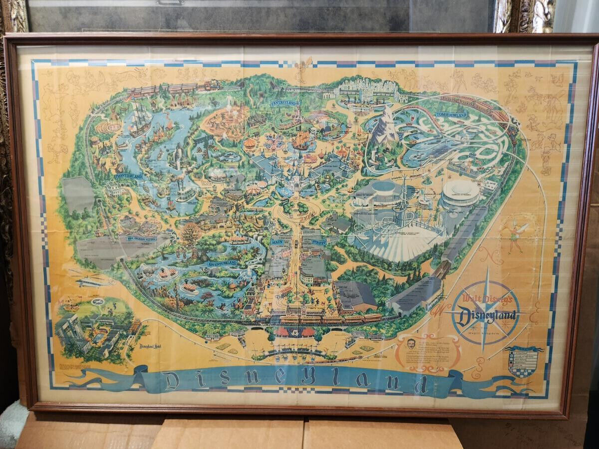 Vintage 1968 Walt Disney's Disneyland Map Wall Poster With Custom Frame