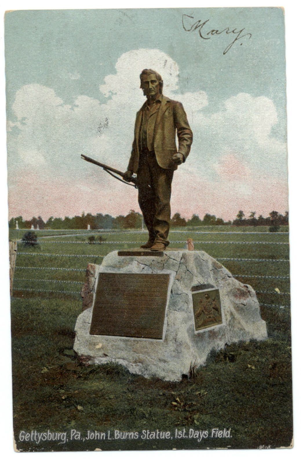 John L Burns Statue ~ 1st Days Field Gettysburg PA ~ Leighton ~ 1907 postcard