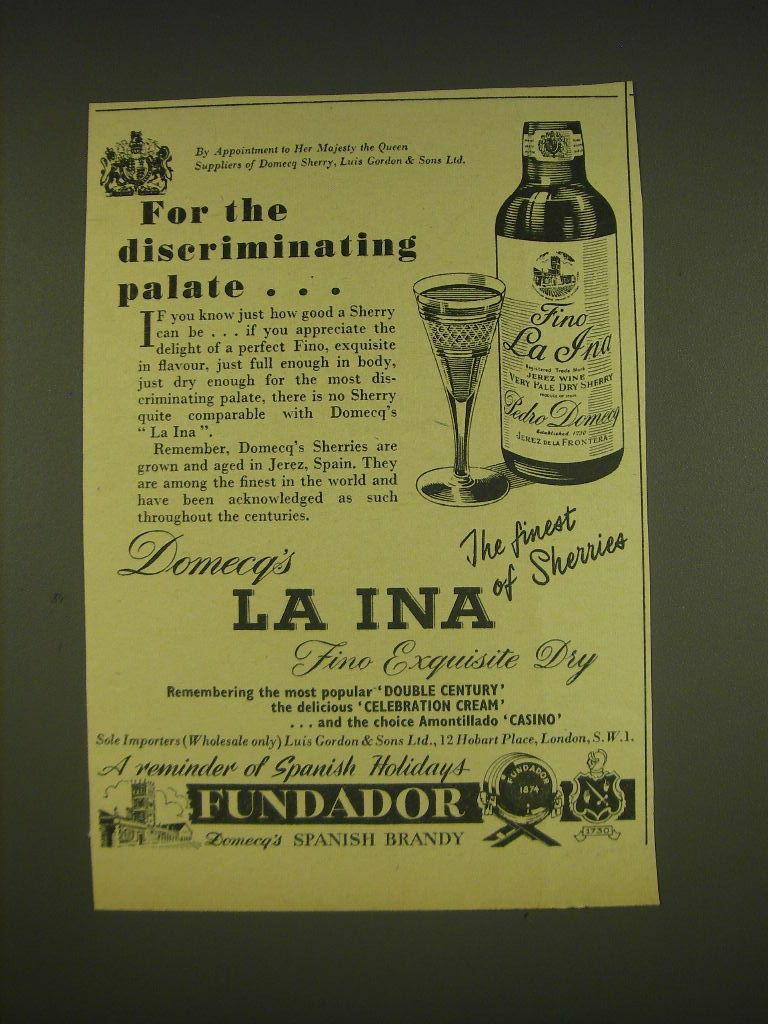 1963 Domecq\'s La Ina Sherry Ad - For the discriminating palate