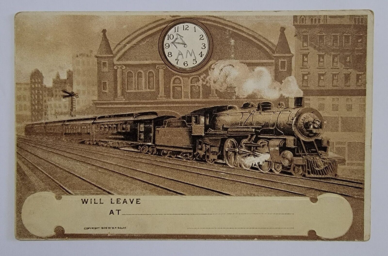 1909 Copyright SM Salke Train with pencil Clock Vintage Unposted Postcard Rare