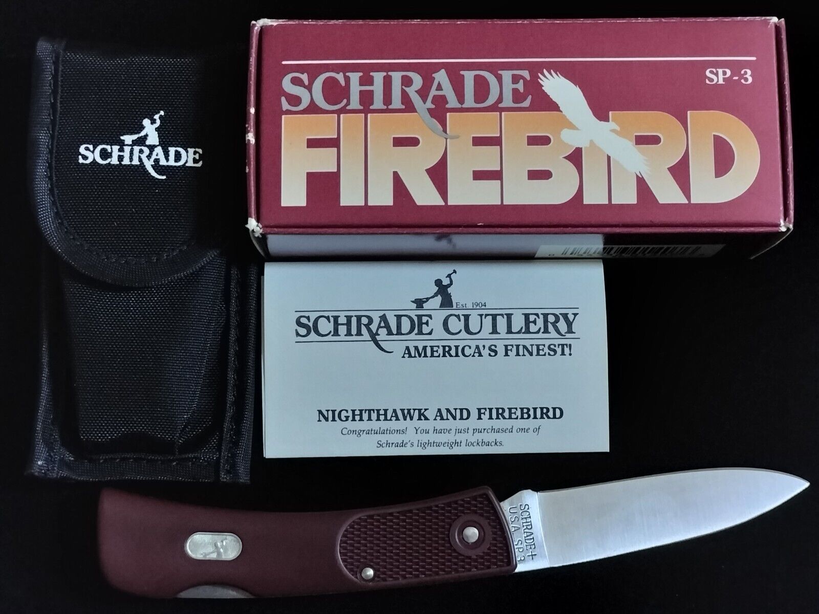 Vintage Schrade SP3 Firebird Lockback Knife Red Handle w/ Sheath NY USA 90s NOS