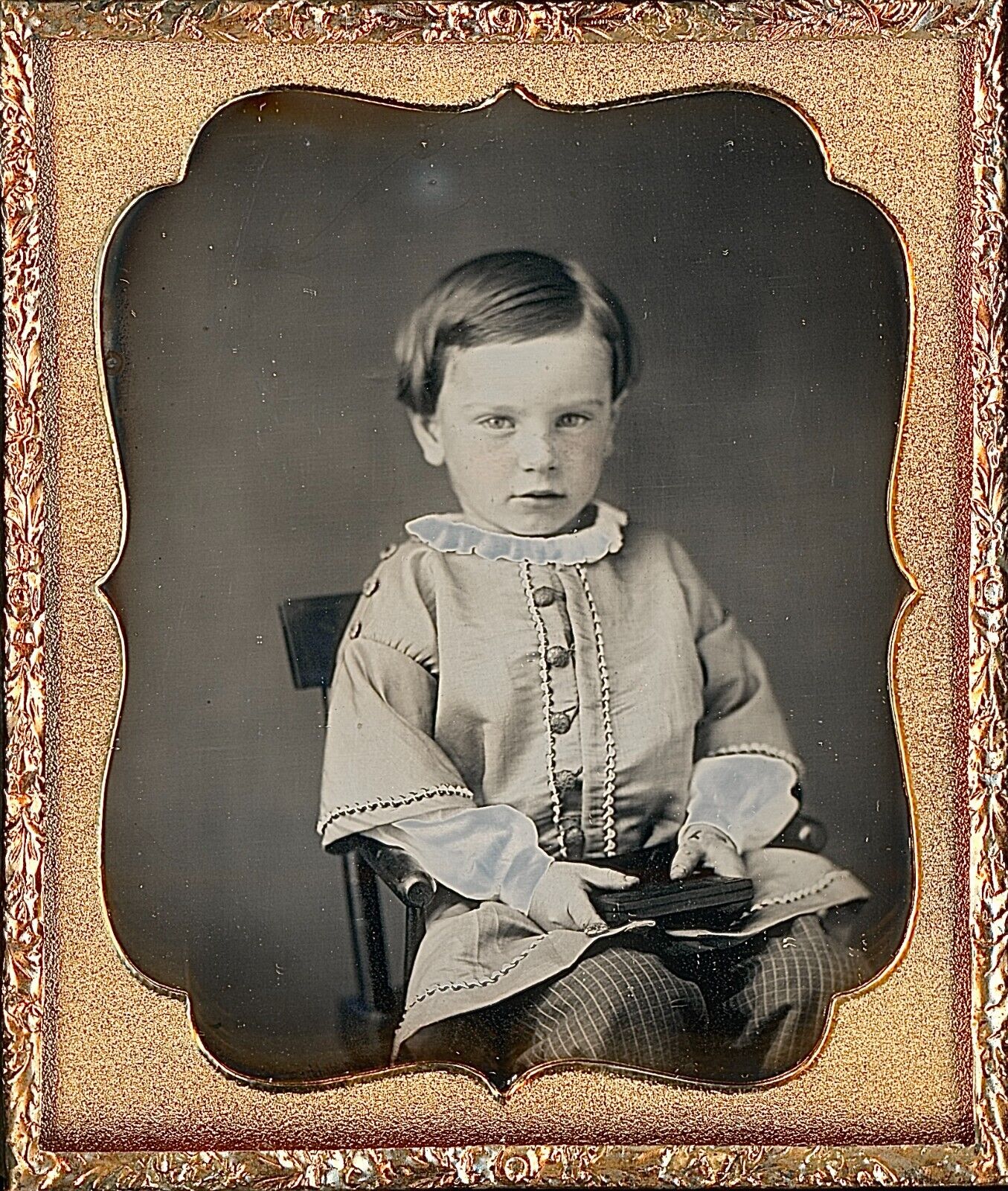 Adorable Young Boy Freckles Holding Case Identified 1/6 Plate Daguerreotype T275