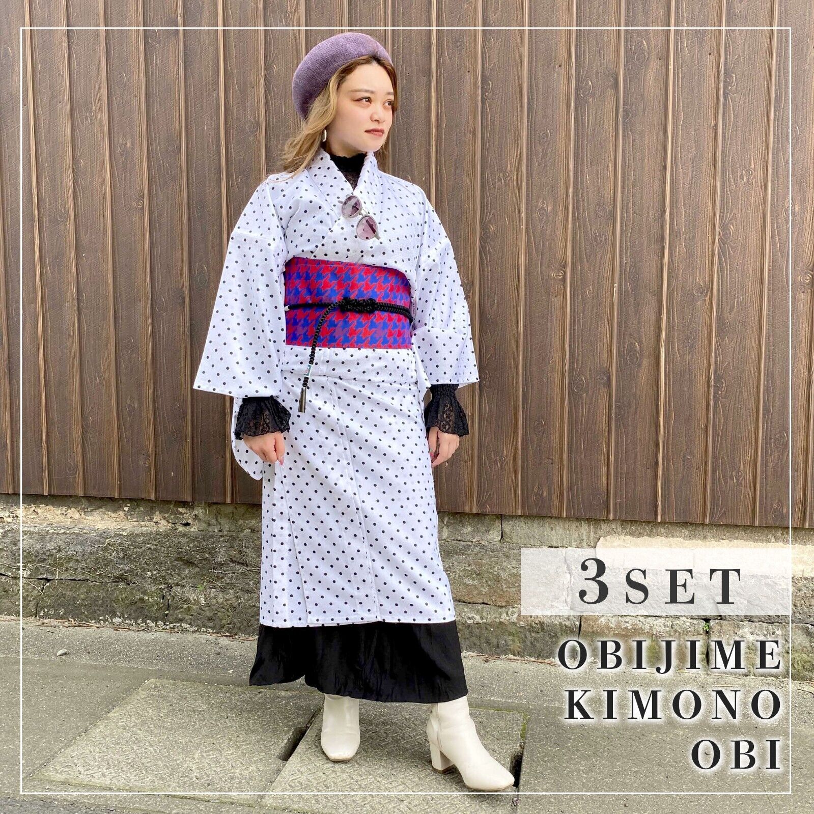 Vintage Japanese Kimono 3 piece set komon polyester obi obijime  1087