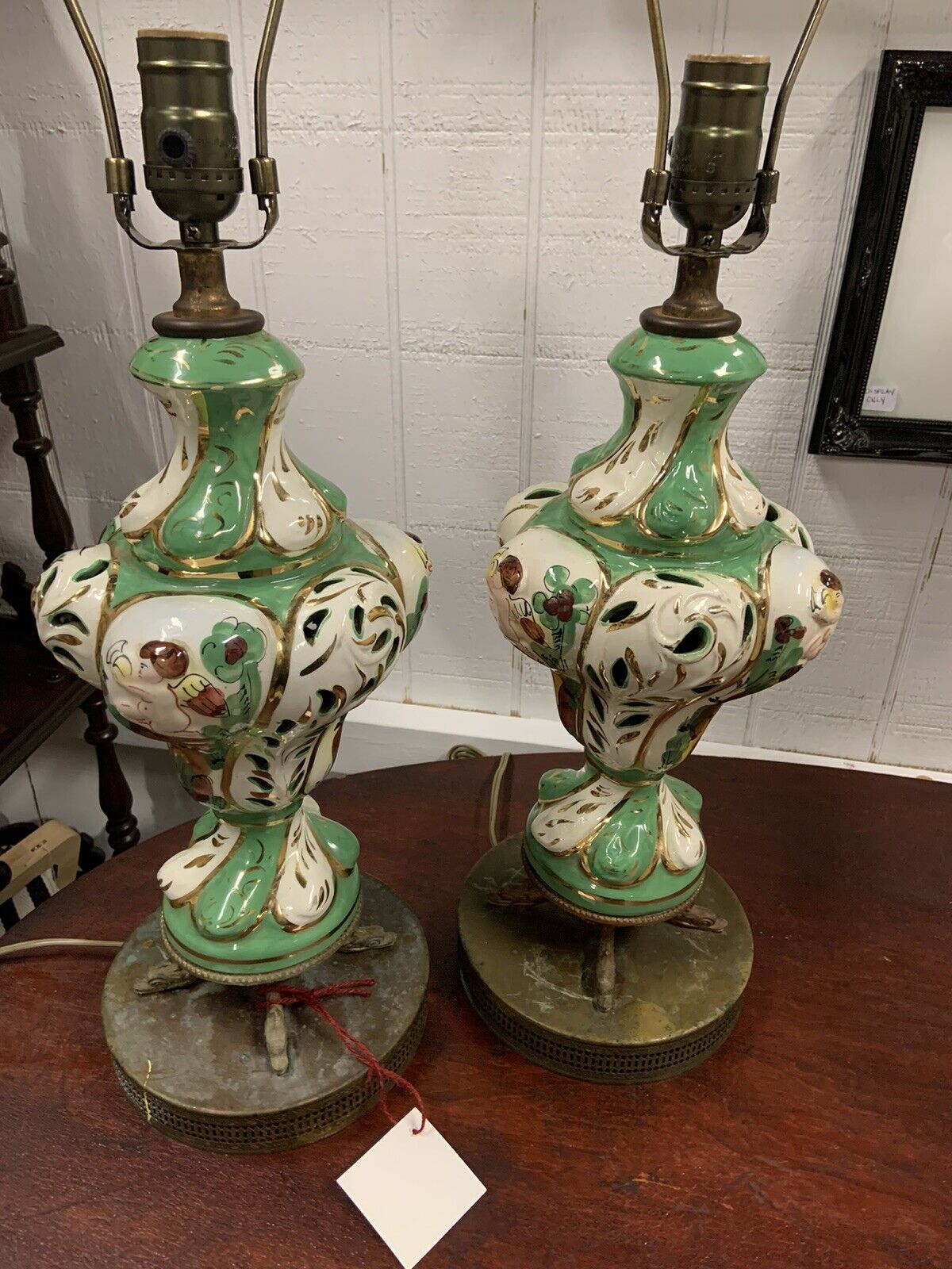 Vintage Pair Capodimonte Porcelain Gold Hand Painted Lamps Signed Nice